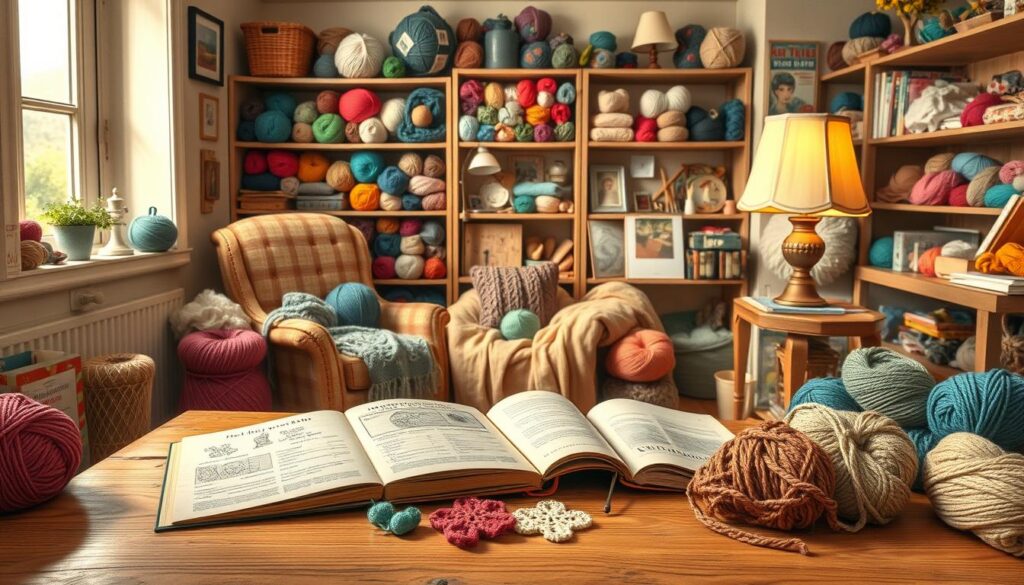 A cozy, well-lit craft room filled with colorful skeins of yarn in various textures and shades, emphasizing subtle fiber differences suitable for vintage knitting. In the foreground, a wooden table displays an open vintage knitting pattern book with intricate designs, beside small swatches made from substituted yarns. The middle ground features a comfortable armchair, draped with partially knitted projects, and a vintage lamp that casts a warm glow. The background captures a shelf overflowing with neatly organized yarns, tools, and nostalgic knitting memorabilia. The scene evokes a sense of creativity and nostalgia, inviting viewers into the world of timeless crafting. Soft natural light streams through a window, enhancing the warm and inviting atmosphere, while a slight depth of field softens the background details to keep the focus on the yarns and patterns. A cozy, well-lit craft room filled with colorful skeins of yarn in various textures and shades, emphasizing subtle fiber differences suitable for vintage knitting. In the foreground, a wooden table displays an open vintage knitting pattern book with intricate designs, beside small swatches made from substituted yarns. The middle ground features a comfortable armchair, draped with partially knitted projects, and a vintage lamp that casts a warm glow. The background captures a shelf overflowing with neatly organized yarns, tools, and nostalgic knitting memorabilia. The scene evokes a sense of creativity and nostalgia, inviting viewers into the world of timeless crafting. Soft natural light streams through a window, enhancing the warm and inviting atmosphere, while a slight depth of field softens the background details to keep the focus on the yarns and patterns.