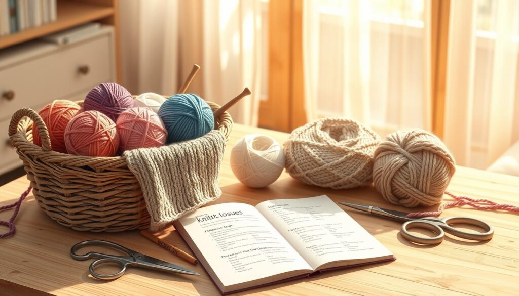 A cozy, well-lit knitting toolkit scene. In the foreground, a beautifully arranged basket filled with colorful yarn balls in various textures, like wool and cotton, alongside elegant wooden knitting needles. A pair of round scissors lies next to a neatly folded, soft, knitted swatch showcasing a simple pattern. In the middle, a light wooden table supports an open notebook with handwritten notes and a troubleshooting guide, hinting at common knitting issues. The background features a warm, inviting room with soft, natural lighting filtering through sheer curtains, enhancing the tranquil atmosphere. The overall mood is calming, inspiring creativity and problem-solving as one embarks on their knitting journey. A cozy, well-lit knitting toolkit scene. In the foreground, a beautifully arranged basket filled with colorful yarn balls in various textures, like wool and cotton, alongside elegant wooden knitting needles. A pair of round scissors lies next to a neatly folded, soft, knitted swatch showcasing a simple pattern. In the middle, a light wooden table supports an open notebook with handwritten notes and a troubleshooting guide, hinting at common knitting issues. The background features a warm, inviting room with soft, natural lighting filtering through sheer curtains, enhancing the tranquil atmosphere. The overall mood is calming, inspiring creativity and problem-solving as one embarks on their knitting journey.