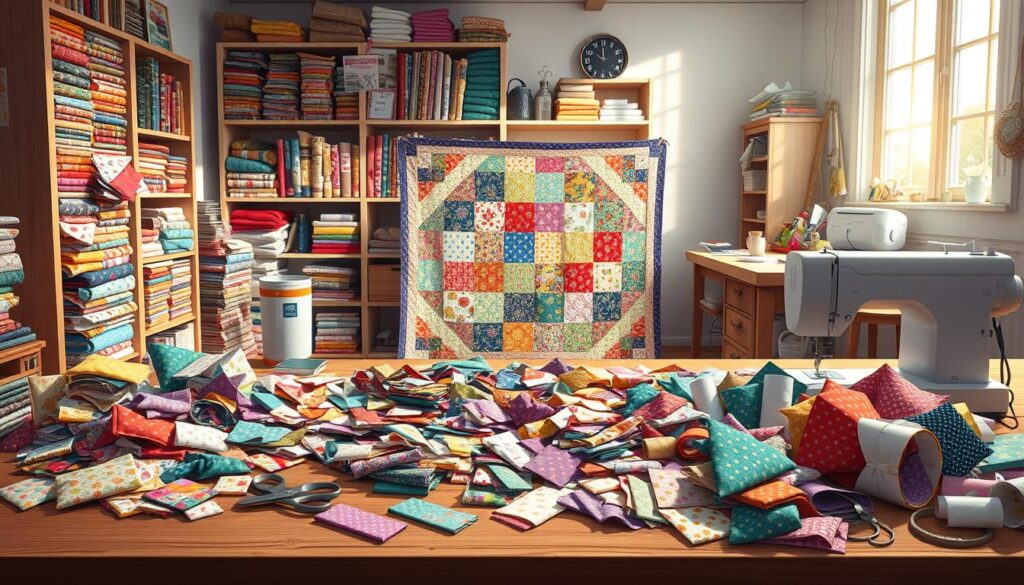 A cozy workspace filled with an array of colorful fabric scraps used for quilting and small projects. In the foreground, a wooden table cluttered with vibrant, patchwork fabric pieces, scissors, and a sewing machine. In the middle, an elegantly designed quilt partially finished, showcasing various patterns and textures created from the scraps. The background features a well-lit craft room adorned with shelves displaying neatly organized fabric bundles and crafting tools. Soft natural light pours in through a window, casting gentle shadows, evoking a warm and inviting atmosphere. The scene captures the joy and creativity of using fabric remnants, celebrating resourcefulness in quilting. A cozy workspace filled with an array of colorful fabric scraps used for quilting and small projects. In the foreground, a wooden table cluttered with vibrant, patchwork fabric pieces, scissors, and a sewing machine. In the middle, an elegantly designed quilt partially finished, showcasing various patterns and textures created from the scraps. The background features a well-lit craft room adorned with shelves displaying neatly organized fabric bundles and crafting tools. Soft natural light pours in through a window, casting gentle shadows, evoking a warm and inviting atmosphere. The scene captures the joy and creativity of using fabric remnants, celebrating resourcefulness in quilting.