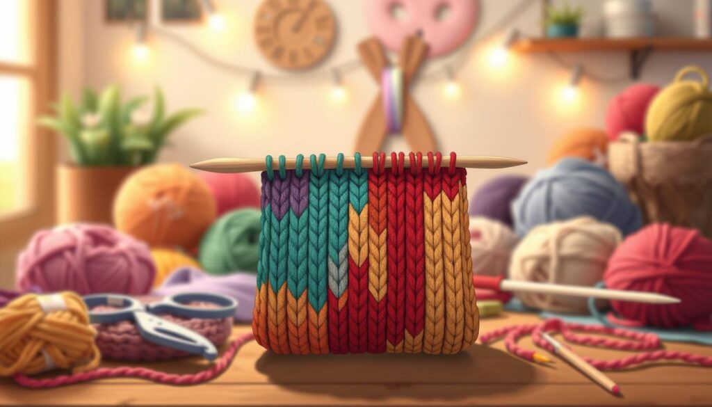 A detailed illustration of the anatomy of a steek in knitting, positioned centrally in the foreground. The steek should be represented as a vibrant piece of knitted fabric with distinct color blocks demonstrating the overlapping stitches and reinforcement techniques. In the middle ground, showcase various knitting tools such as a pair of scissors, a crochet hook, and yarn in an array of colors. The background should feature a soft, blurred view of a cozy knitting workspace with warm lighting, emphasizing a relaxing and inviting atmosphere. Use a shallow depth of field to keep the focus on the steek while softly highlighting the tools around it. The overall mood should be educational and inspiring, catering to beginner knitters. A detailed illustration of the anatomy of a steek in knitting, positioned centrally in the foreground. The steek should be represented as a vibrant piece of knitted fabric with distinct color blocks demonstrating the overlapping stitches and reinforcement techniques. In the middle ground, showcase various knitting tools such as a pair of scissors, a crochet hook, and yarn in an array of colors. The background should feature a soft, blurred view of a cozy knitting workspace with warm lighting, emphasizing a relaxing and inviting atmosphere. Use a shallow depth of field to keep the focus on the steek while softly highlighting the tools around it. The overall mood should be educational and inspiring, catering to beginner knitters.