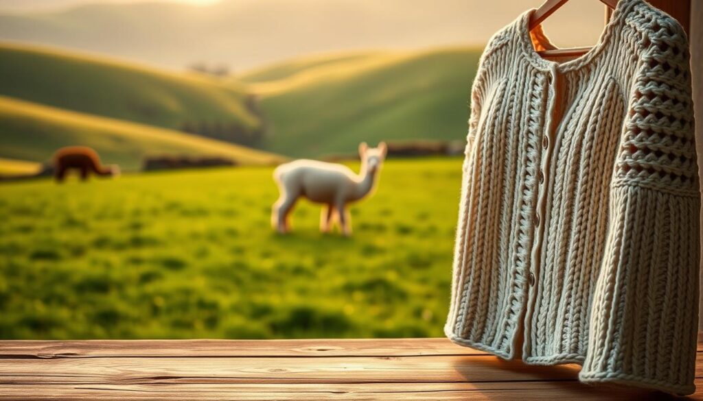 A serene and cozy scene depicting a beautifully handcrafted crochet cardigan made from alpaca blend yarn, prominently displayed in the foreground on a rustic wooden table. The cardigan, with its intricate stitch details, features soft cream and beige tones, exuding warmth and style. In the middle ground, a pair of well-maintained alpacas grazing peacefully in a lush green meadow, their soft fur complementing the cardigan’s texture, symbolizing the source of the fiber. The background showcases a softly blurred landscape of rolling hills under a gentle, golden afternoon light, creating a calming atmosphere. The depth of field is shallow, focusing on the cardigan and the alpacas, inviting a mood of tranquility and cozy craftsmanship. A serene and cozy scene depicting a beautifully handcrafted crochet cardigan made from alpaca blend yarn, prominently displayed in the foreground on a rustic wooden table. The cardigan, with its intricate stitch details, features soft cream and beige tones, exuding warmth and style. In the middle ground, a pair of well-maintained alpacas grazing peacefully in a lush green meadow, their soft fur complementing the cardigan’s texture, symbolizing the source of the fiber. The background showcases a softly blurred landscape of rolling hills under a gentle, golden afternoon light, creating a calming atmosphere. The depth of field is shallow, focusing on the cardigan and the alpacas, inviting a mood of tranquility and cozy craftsmanship.