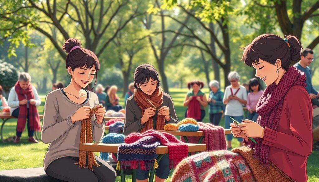 A serene outdoor setting depicting a community knitting circle in a park, showcasing diverse individuals of varying ages and backgrounds, all engaged in crafting using vibrant, colorful yarns. In the foreground, a group of three people knit together, their expressions embodying joy and focus, dressed in modest casual clothing. In the middle, tables are adorned with handmade knitted pieces, including scarves and blankets that symbolize change and community spirit. The background features trees with dappled sunlight filtering through the leaves, casting a warm, inviting glow over the scene. The atmosphere is peaceful and collaborative, emphasizing the theme of quiet activism. Capture this image with a slight depth of field effect to enhance the warmth and connection among the participants. A serene outdoor setting depicting a community knitting circle in a park, showcasing diverse individuals of varying ages and backgrounds, all engaged in crafting using vibrant, colorful yarns. In the foreground, a group of three people knit together, their expressions embodying joy and focus, dressed in modest casual clothing. In the middle, tables are adorned with handmade knitted pieces, including scarves and blankets that symbolize change and community spirit. The background features trees with dappled sunlight filtering through the leaves, casting a warm, inviting glow over the scene. The atmosphere is peaceful and collaborative, emphasizing the theme of quiet activism. Capture this image with a slight depth of field effect to enhance the warmth and connection among the participants.