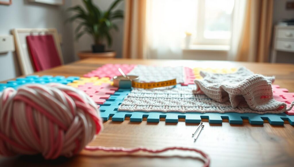 A set of colorful blocking mats spread out on a wooden crafting table, showcasing vibrant interlocking pieces with various pastel colors like pink, blue, and yellow. In the foreground, a soft-focus yarn in complementary colors rests on a nearby table, hinting at the knitting process. In the middle ground, a tape measure and pins are carefully arranged on the surface, surrounded by delicate lace and textured knitted swatches being blocked into shape. The background softly blurred features a bright, airy window letting in natural light, casting gentle shadows to create a warm, inviting atmosphere. The composition emphasizes the tools and supplies, evoking a sense of creativity and craftsmanship in knitting. A set of colorful blocking mats spread out on a wooden crafting table, showcasing vibrant interlocking pieces with various pastel colors like pink, blue, and yellow. In the foreground, a soft-focus yarn in complementary colors rests on a nearby table, hinting at the knitting process. In the middle ground, a tape measure and pins are carefully arranged on the surface, surrounded by delicate lace and textured knitted swatches being blocked into shape. The background softly blurred features a bright, airy window letting in natural light, casting gentle shadows to create a warm, inviting atmosphere. The composition emphasizes the tools and supplies, evoking a sense of creativity and craftsmanship in knitting.