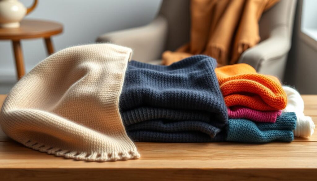A stylish display of various knitwear materials arranged on a wooden table, showcasing samples of wool, cashmere, acrylic, and cotton. In the foreground, a soft, textured cashmere swatch in a warm beige tone, demonstrating its luxurious feel. In the middle, neatly folded sections of woolen knit in deep navy, accompanied by vibrant colored acrylic and lightweight cotton samples, each with distinct textures clearly visible. The background is softly blurred, with a subtle hint of a cozy indoor setting featuring a stylish armchair and a warm throw blanket draped over it. Natural, diffused lighting creates a warm and inviting atmosphere, highlighting the details of each material, while the composition captures a sense of elegance and approachability, perfect for inspiring readers to explore different knitwear choices. A stylish display of various knitwear materials arranged on a wooden table, showcasing samples of wool, cashmere, acrylic, and cotton. In the foreground, a soft, textured cashmere swatch in a warm beige tone, demonstrating its luxurious feel. In the middle, neatly folded sections of woolen knit in deep navy, accompanied by vibrant colored acrylic and lightweight cotton samples, each with distinct textures clearly visible. The background is softly blurred, with a subtle hint of a cozy indoor setting featuring a stylish armchair and a warm throw blanket draped over it. Natural, diffused lighting creates a warm and inviting atmosphere, highlighting the details of each material, while the composition captures a sense of elegance and approachability, perfect for inspiring readers to explore different knitwear choices.