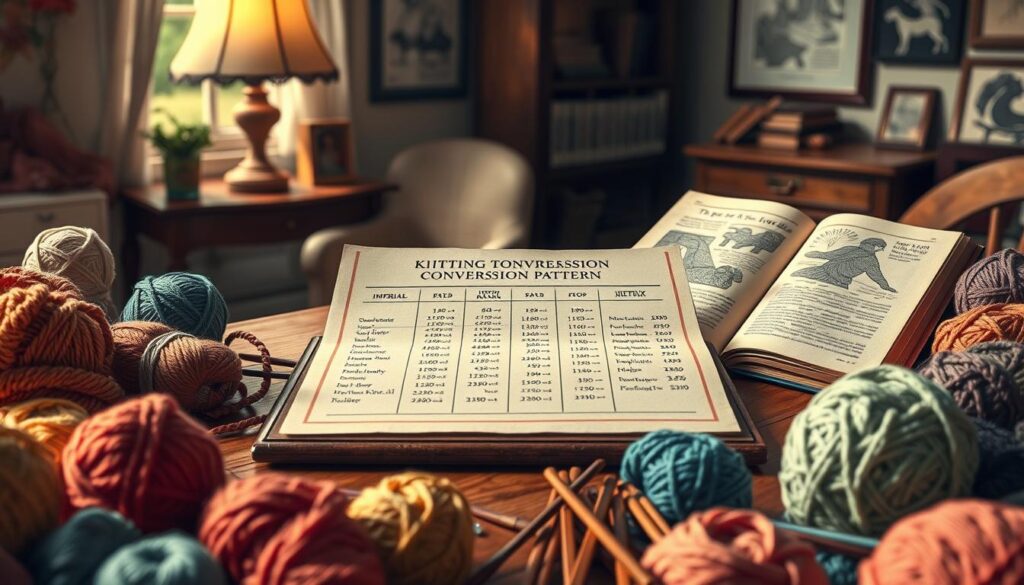 An artistic display of a vintage knitting workspace, featuring an array of colorful yarns and knitting needles in the foreground. In the center, an elegant wooden table holds a beautifully arranged knitting pattern sheet, showcasing imperial to metric conversions, with soft, muted pastels for a nostalgic feel. Surrounding this, a vintage knitting book lies open with intricate designs and well-used pages. The background showcases a cozy room with a softly glowing table lamp and walls adorned with framed knitting patterns. The overall atmosphere is warm and inviting, reminiscent of a traditional crafting space. Soft, natural lighting enhances the textures of the yarn and paper, creating an inviting and creative atmosphere. The composition encourages focus on the knitting conversion guide, celebrating the art of crafting. An artistic display of a vintage knitting workspace, featuring an array of colorful yarns and knitting needles in the foreground. In the center, an elegant wooden table holds a beautifully arranged knitting pattern sheet, showcasing imperial to metric conversions, with soft, muted pastels for a nostalgic feel. Surrounding this, a vintage knitting book lies open with intricate designs and well-used pages. The background showcases a cozy room with a softly glowing table lamp and walls adorned with framed knitting patterns. The overall atmosphere is warm and inviting, reminiscent of a traditional crafting space. Soft, natural lighting enhances the textures of the yarn and paper, creating an inviting and creative atmosphere. The composition encourages focus on the knitting conversion guide, celebrating the art of crafting.