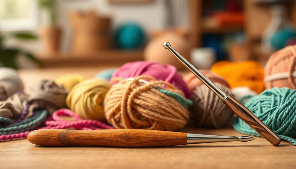A beautifully arranged display of two types of crochet hooks: tapered and inline. In the foreground, place the tapered hook, showcasing its smooth, rounded head and elongated neck, crafted from polished wood with a warm, rich finish. Next to it, the inline hook, featuring a straight, flat head and a slightly shorter neck, made of shiny metal. In the middle, a vibrant selection of colorful yarn skeins in various textures and hues adds depth. The background is softly blurred with a cozy, warm-lit crafting space, including a wooden table and a few scattered crochet projects. The lighting is soft and inviting, with a slight bokeh effect, creating a calm and inspiring atmosphere for beginners. A beautifully arranged display of two types of crochet hooks: tapered and inline. In the foreground, place the tapered hook, showcasing its smooth, rounded head and elongated neck, crafted from polished wood with a warm, rich finish. Next to it, the inline hook, featuring a straight, flat head and a slightly shorter neck, made of shiny metal. In the middle, a vibrant selection of colorful yarn skeins in various textures and hues adds depth. The background is softly blurred with a cozy, warm-lit crafting space, including a wooden table and a few scattered crochet projects. The lighting is soft and inviting, with a slight bokeh effect, creating a calm and inspiring atmosphere for beginners.