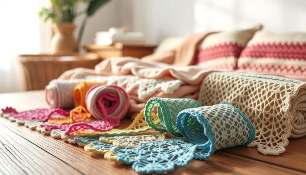 A beautifully arranged display of various crochet blanket border patterns, showcased on a textured wooden table. In the foreground, a vibrant selection of colorful crochet trims, featuring intricate lace, scalloped edges, and geometric designs, are neatly coiled and partially unspooled. The middle ground contains a soft, cozy blanket partially spread out, demonstrating how these borders can enhance home decor. In the background, gentle natural light pours in through a nearby window, creating a warm and inviting atmosphere with soft shadows. Use a shallow depth of field to keep the focus on the delicately crafted borders while softly blurring the surrounding items. The overall mood is creative and inspiring, perfect for showcasing the artistry of crochet edging. A beautifully arranged display of various crochet blanket border patterns, showcased on a textured wooden table. In the foreground, a vibrant selection of colorful crochet trims, featuring intricate lace, scalloped edges, and geometric designs, are neatly coiled and partially unspooled. The middle ground contains a soft, cozy blanket partially spread out, demonstrating how these borders can enhance home decor. In the background, gentle natural light pours in through a nearby window, creating a warm and inviting atmosphere with soft shadows. Use a shallow depth of field to keep the focus on the delicately crafted borders while softly blurring the surrounding items. The overall mood is creative and inspiring, perfect for showcasing the artistry of crochet edging.