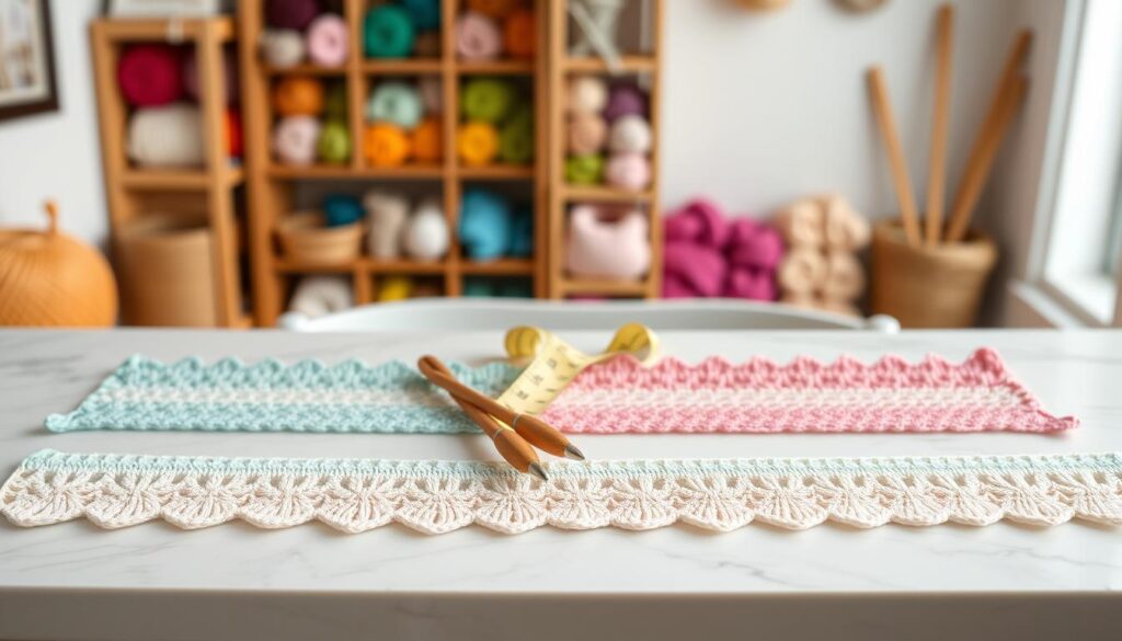 A beautifully arranged flat lay of beginner crochet borders, showcasing a variety of vibrant and colorful crochet edges including scallops, shell stitches, and basic single crochet borders. The foreground presents well-defined samples of these borders in soft pastel yarns, neatly laid out on a marble countertop. In the middle, a pair of wooden crochet hooks and a measuring tape add a hands-on feel, while a gentle light source from the left creates soft shadows, enhancing the texture of the yarn. The background features a blurred, cozy crafting space with shelves filled with yarn in various colors, contributing to a warm and inviting atmosphere. The overall mood is creative and inspiring, appealing to novice crafters looking for quick and easy crochet border ideas. A beautifully arranged flat lay of beginner crochet borders, showcasing a variety of vibrant and colorful crochet edges including scallops, shell stitches, and basic single crochet borders. The foreground presents well-defined samples of these borders in soft pastel yarns, neatly laid out on a marble countertop. In the middle, a pair of wooden crochet hooks and a measuring tape add a hands-on feel, while a gentle light source from the left creates soft shadows, enhancing the texture of the yarn. The background features a blurred, cozy crafting space with shelves filled with yarn in various colors, contributing to a warm and inviting atmosphere. The overall mood is creative and inspiring, appealing to novice crafters looking for quick and easy crochet border ideas.