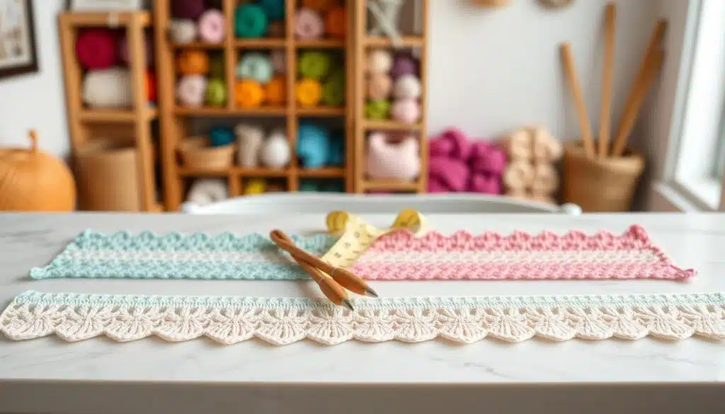 A beautifully arranged flat lay of beginner crochet borders, showcasing a variety of vibrant and colorful crochet edges including scallops, shell stitches, and basic single crochet borders. The foreground presents well-defined samples of these borders in soft pastel yarns, neatly laid out on a marble countertop. In the middle, a pair of wooden crochet hooks and a measuring tape add a hands-on feel, while a gentle light source from the left creates soft shadows, enhancing the texture of the yarn. The background features a blurred, cozy crafting space with shelves filled with yarn in various colors, contributing to a warm and inviting atmosphere. The overall mood is creative and inspiring, appealing to novice crafters looking for quick and easy crochet border ideas. A beautifully arranged flat lay of beginner crochet borders, showcasing a variety of vibrant and colorful crochet edges including scallops, shell stitches, and basic single crochet borders. The foreground presents well-defined samples of these borders in soft pastel yarns, neatly laid out on a marble countertop. In the middle, a pair of wooden crochet hooks and a measuring tape add a hands-on feel, while a gentle light source from the left creates soft shadows, enhancing the texture of the yarn. The background features a blurred, cozy crafting space with shelves filled with yarn in various colors, contributing to a warm and inviting atmosphere. The overall mood is creative and inspiring, appealing to novice crafters looking for quick and easy crochet border ideas.