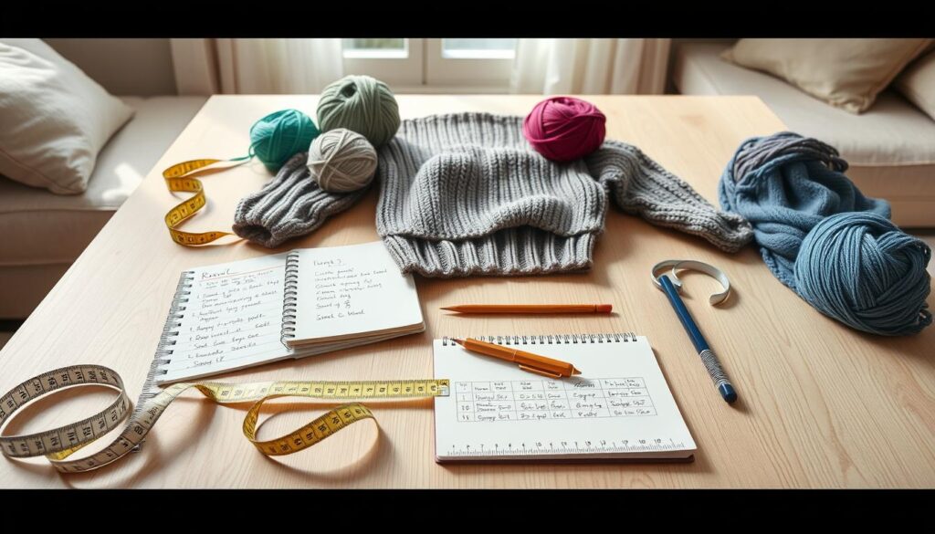 A beautifully arranged flat lay of various sweater measurements laid out on a light wooden table. The foreground features measuring tape, a ruler, and a notebook filled with notes about gauge and ease. In the middle, colorful yarn balls and a pair of knitting needles sit alongside a partially knitted sweater, showcasing stitches and texture. In the background, soft natural light filters through a window, creating a warm and inviting atmosphere. The scene captures a cozy knitting space with hints of soft, comfortable seating, suggesting a relaxed, creative mood that encourages the viewer to engage in knitting. The overall composition is harmonious and visually appealing, emphasizing the art of making fit decisions in sweater knitting without any text or distractions. A beautifully arranged flat lay of various sweater measurements laid out on a light wooden table. The foreground features measuring tape, a ruler, and a notebook filled with notes about gauge and ease. In the middle, colorful yarn balls and a pair of knitting needles sit alongside a partially knitted sweater, showcasing stitches and texture. In the background, soft natural light filters through a window, creating a warm and inviting atmosphere. The scene captures a cozy knitting space with hints of soft, comfortable seating, suggesting a relaxed, creative mood that encourages the viewer to engage in knitting. The overall composition is harmonious and visually appealing, emphasizing the art of making fit decisions in sweater knitting without any text or distractions.
