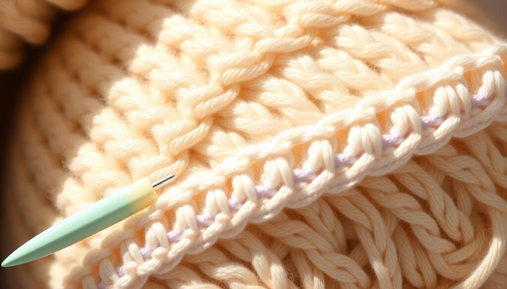 A close-up image of a beginner crochet needle, featuring a sleek, lightweight design made of anodized aluminum in a vibrant pastel color such as mint green or soft lavender. The needle is positioned diagonally across a soft, textured background of natural cotton yarn, showcasing various colors including cream and light blue. Delicate crochet stitches are partially visible, hinting at an unfinished swatch. The lighting is soft and warm, creating a cozy atmosphere, with gentle shadows that highlight the needle's smooth finish. The scene is photographed from a slightly elevated angle, emphasizing the needle's ergonomic grip, inviting beginners to embrace their crochet journey. A close-up image of a beginner crochet needle, featuring a sleek, lightweight design made of anodized aluminum in a vibrant pastel color such as mint green or soft lavender. The needle is positioned diagonally across a soft, textured background of natural cotton yarn, showcasing various colors including cream and light blue. Delicate crochet stitches are partially visible, hinting at an unfinished swatch. The lighting is soft and warm, creating a cozy atmosphere, with gentle shadows that highlight the needle's smooth finish. The scene is photographed from a slightly elevated angle, emphasizing the needle's ergonomic grip, inviting beginners to embrace their crochet journey.