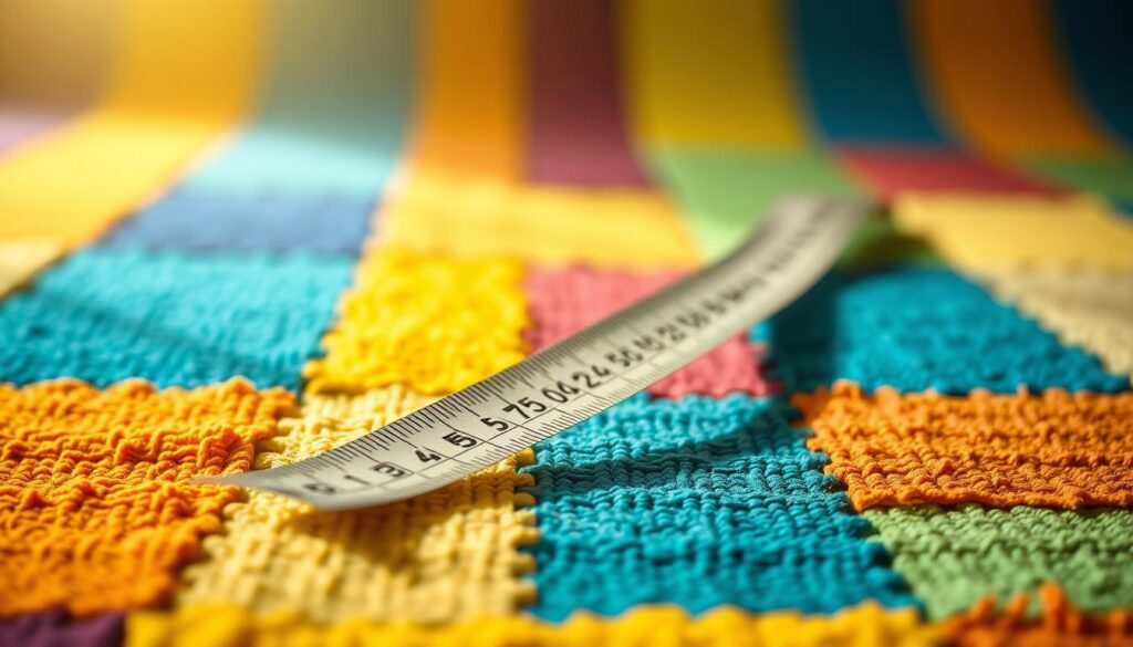A close-up image of a vibrant block swatch, featuring a variety of textured materials in an organized grid pattern. The foreground showcases rich, saturated colors, such as deep blues, bright yellows, and soft greens, each block clearly distinct. In the middle ground, a measuring tape is laid across the swatch at an angle, hinting at precision in measurements. The background is softly blurred to emphasize the swatch and measuring tape, creating a sense of depth. Warm, diffused natural light illuminates the scene, casting gentle shadows that enhance the textures of the fabrics. This image conveys a practical, focused atmosphere, ideal for measuring and assessing materials. No text or markings are visible, ensuring a clean and professional appearance. A close-up image of a vibrant block swatch, featuring a variety of textured materials in an organized grid pattern. The foreground showcases rich, saturated colors, such as deep blues, bright yellows, and soft greens, each block clearly distinct. In the middle ground, a measuring tape is laid across the swatch at an angle, hinting at precision in measurements. The background is softly blurred to emphasize the swatch and measuring tape, creating a sense of depth. Warm, diffused natural light illuminates the scene, casting gentle shadows that enhance the textures of the fabrics. This image conveys a practical, focused atmosphere, ideal for measuring and assessing materials. No text or markings are visible, ensuring a clean and professional appearance.