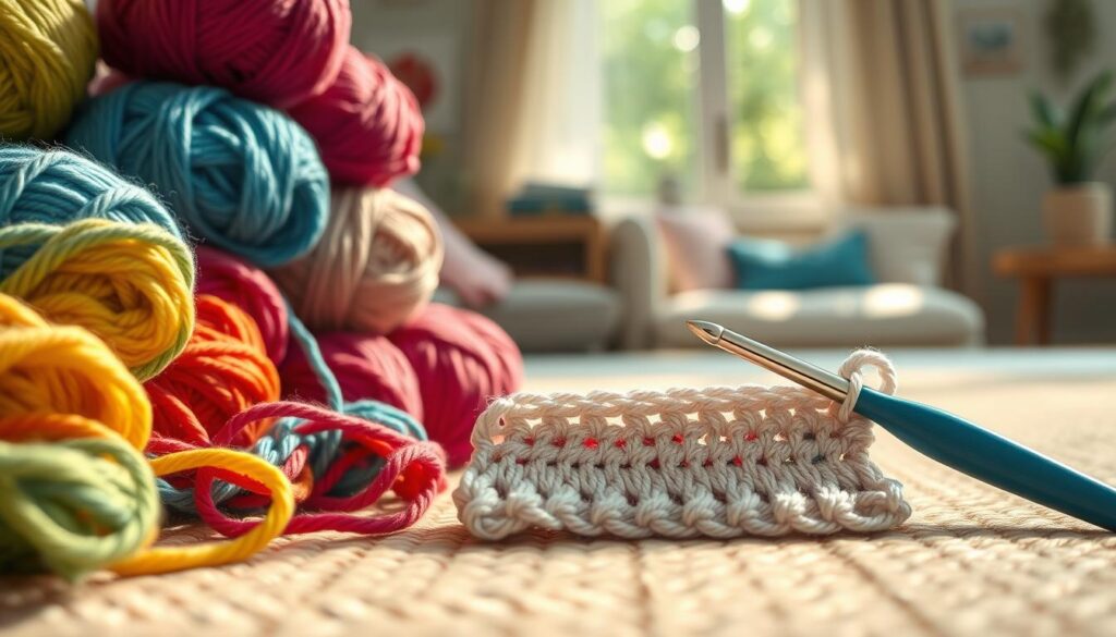 A close-up image showcasing a crochet workspace featuring front loop and back loop crochet stitches. In the foreground, display a vibrant pile of colorful yarn skeins, neatly arranged, with a crochet hook resting on a softly textured knitting mat. The middle layer focuses on an intricate crochet swatch illustrating the front loop and back loop stitches, with clear definition and careful stitching visible. The background captures a softly lit room, hinting at a cozy atmosphere, with a window allowing natural light to flood in, casting gentle shadows. Use a shallow depth of field to emphasize the crochet work while blurring the background softly. The overall mood should be inviting and creative, perfect for inspiring crochet enthusiasts. A close-up image showcasing a crochet workspace featuring front loop and back loop crochet stitches. In the foreground, display a vibrant pile of colorful yarn skeins, neatly arranged, with a crochet hook resting on a softly textured knitting mat. The middle layer focuses on an intricate crochet swatch illustrating the front loop and back loop stitches, with clear definition and careful stitching visible. The background captures a softly lit room, hinting at a cozy atmosphere, with a window allowing natural light to flood in, casting gentle shadows. Use a shallow depth of field to emphasize the crochet work while blurring the background softly. The overall mood should be inviting and creative, perfect for inspiring crochet enthusiasts.