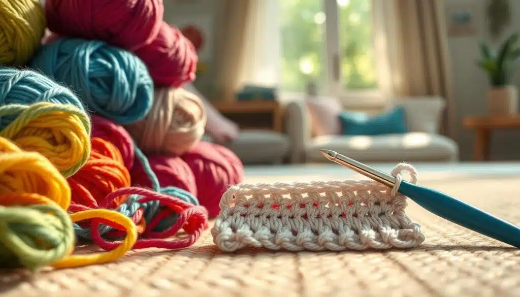 A close-up image showcasing a crochet workspace featuring front loop and back loop crochet stitches. In the foreground, display a vibrant pile of colorful yarn skeins, neatly arranged, with a crochet hook resting on a softly textured knitting mat. The middle layer focuses on an intricate crochet swatch illustrating the front loop and back loop stitches, with clear definition and careful stitching visible. The background captures a softly lit room, hinting at a cozy atmosphere, with a window allowing natural light to flood in, casting gentle shadows. Use a shallow depth of field to emphasize the crochet work while blurring the background softly. The overall mood should be inviting and creative, perfect for inspiring crochet enthusiasts. A close-up image showcasing a crochet workspace featuring front loop and back loop crochet stitches. In the foreground, display a vibrant pile of colorful yarn skeins, neatly arranged, with a crochet hook resting on a softly textured knitting mat. The middle layer focuses on an intricate crochet swatch illustrating the front loop and back loop stitches, with clear definition and careful stitching visible. The background captures a softly lit room, hinting at a cozy atmosphere, with a window allowing natural light to flood in, casting gentle shadows. Use a shallow depth of field to emphasize the crochet work while blurring the background softly. The overall mood should be inviting and creative, perfect for inspiring crochet enthusiasts.