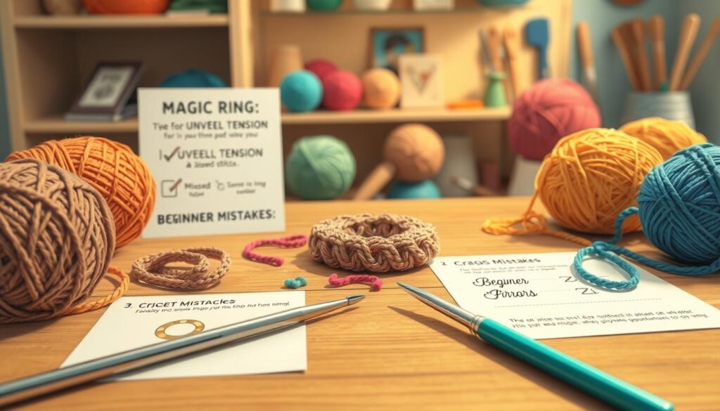 A close-up of a crochet workspace showcasing a partially completed magic ring, surrounded by yarn balls in vibrant colors. In the foreground, highlight a pair of crochet hooks resting on a wooden table, along with a helpful instruction sheet showing common mistakes like uneven tension and missed stitches. In the middle, there are scattered yarn remnants symbolizing beginner errors, adding an atmosphere of learning and creativity. The background features a softly lit shelf with neatly organized crochet tools and a few finished crochet projects for inspiration. Warm, natural lighting creates a cozy, inviting ambiance, while a shallow depth of field focuses on the magic ring, helping beginners visualize troubleshooting their projects. A close-up of a crochet workspace showcasing a partially completed magic ring, surrounded by yarn balls in vibrant colors. In the foreground, highlight a pair of crochet hooks resting on a wooden table, along with a helpful instruction sheet showing common mistakes like uneven tension and missed stitches. In the middle, there are scattered yarn remnants symbolizing beginner errors, adding an atmosphere of learning and creativity. The background features a softly lit shelf with neatly organized crochet tools and a few finished crochet projects for inspiration. Warm, natural lighting creates a cozy, inviting ambiance, while a shallow depth of field focuses on the magic ring, helping beginners visualize troubleshooting their projects.