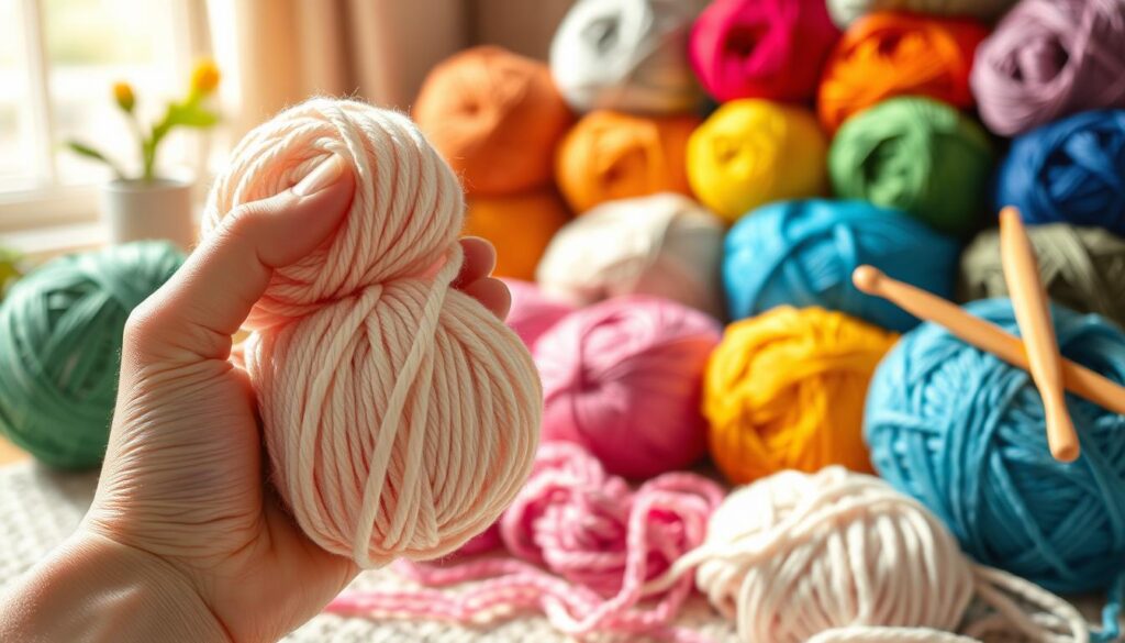 A close-up view of a beautifully arranged selection of yarns ideal for crochet, showcasing a variety of vibrant colors and textures. In the foreground, a delicate hand holds a skein of soft, cotton yarn, perfect for making magic rings, with its fibers slightly untwisting to emphasize softness. In the middle ground, other skeins are neatly organized in a rainbow spectrum, displaying different weights and material types like acrylic and bamboo. The background features a softly blurred crochet hook and a cozy workspace, with natural light filtering through a nearby window to create a warm, inviting atmosphere. The composition should evoke a sense of creativity and comfort, suitable for beginners embarking on their crochet journey. A close-up view of a beautifully arranged selection of yarns ideal for crochet, showcasing a variety of vibrant colors and textures. In the foreground, a delicate hand holds a skein of soft, cotton yarn, perfect for making magic rings, with its fibers slightly untwisting to emphasize softness. In the middle ground, other skeins are neatly organized in a rainbow spectrum, displaying different weights and material types like acrylic and bamboo. The background features a softly blurred crochet hook and a cozy workspace, with natural light filtering through a nearby window to create a warm, inviting atmosphere. The composition should evoke a sense of creativity and comfort, suitable for beginners embarking on their crochet journey.
