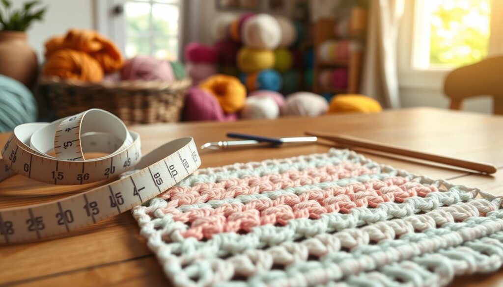 A close-up view of a crochet gauge swatch laid flat on a wooden table, showcasing a beautifully textured stitch pattern in soft, pastel yarn colors. The swatch features various crochet stitches to demonstrate tension and gauge, including single crochet, double crochet, and half double crochet. In the foreground, a measuring tape coiled next to the swatch, highlighting measurements for accuracy. In the middle ground, a pair of crochet hooks, one in metallic and the other in wood, rests nearby. The background is softly blurred with a cozy, well-lit crafting space, filled with skeins of yarn in vibrant colors. Natural light streams through a window, creating a warm and inviting atmosphere that encourages creativity and skill-building in crochet. A close-up view of a crochet gauge swatch laid flat on a wooden table, showcasing a beautifully textured stitch pattern in soft, pastel yarn colors. The swatch features various crochet stitches to demonstrate tension and gauge, including single crochet, double crochet, and half double crochet. In the foreground, a measuring tape coiled next to the swatch, highlighting measurements for accuracy. In the middle ground, a pair of crochet hooks, one in metallic and the other in wood, rests nearby. The background is softly blurred with a cozy, well-lit crafting space, filled with skeins of yarn in vibrant colors. Natural light streams through a window, creating a warm and inviting atmosphere that encourages creativity and skill-building in crochet.