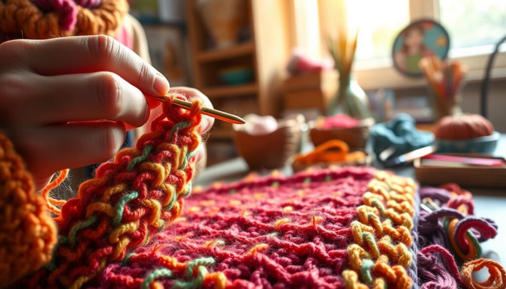 A close-up view of a skilled artisan's hands expertly working a single crochet stitch with vibrant, multicolored yarn. The foreground showcases the texture of the yarn, highlighting the intricate loops and knots formed by the crochet hook. In the middle ground, the crochet project, a cozy blanket or a vibrant scarf, is partially visible, emanating a sense of warmth and creativity. The background features a softly blurred crafting table with neatly organized crochet supplies, adding a sense of order and inspiration. Natural light streams in from a nearby window, creating a warm, inviting atmosphere. The overall mood is tranquil and focused, perfect for showcasing the art of crochet in a detailed and aesthetically pleasing manner. A close-up view of a skilled artisan's hands expertly working a single crochet stitch with vibrant, multicolored yarn. The foreground showcases the texture of the yarn, highlighting the intricate loops and knots formed by the crochet hook. In the middle ground, the crochet project, a cozy blanket or a vibrant scarf, is partially visible, emanating a sense of warmth and creativity. The background features a softly blurred crafting table with neatly organized crochet supplies, adding a sense of order and inspiration. Natural light streams in from a nearby window, creating a warm, inviting atmosphere. The overall mood is tranquil and focused, perfect for showcasing the art of crochet in a detailed and aesthetically pleasing manner.