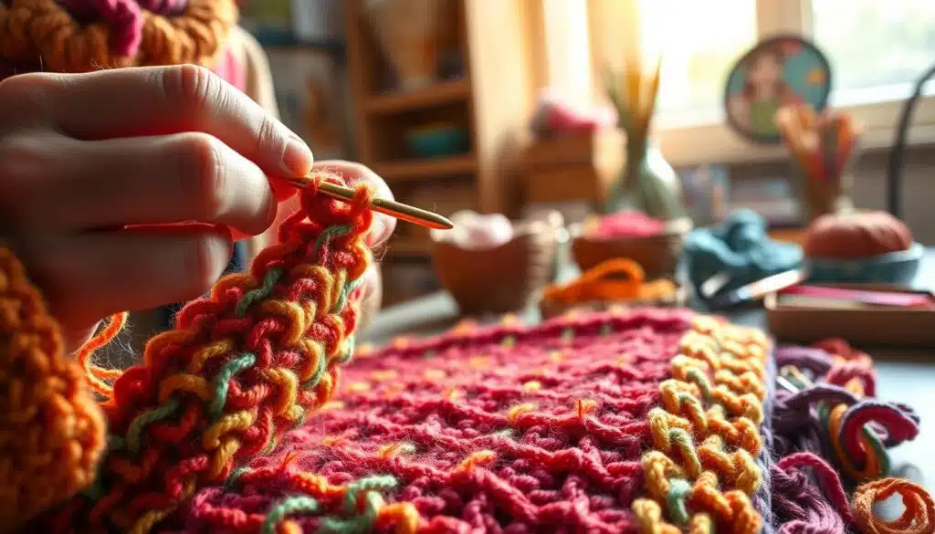 A close-up view of a skilled artisan's hands expertly working a single crochet stitch with vibrant, multicolored yarn. The foreground showcases the texture of the yarn, highlighting the intricate loops and knots formed by the crochet hook. In the middle ground, the crochet project, a cozy blanket or a vibrant scarf, is partially visible, emanating a sense of warmth and creativity. The background features a softly blurred crafting table with neatly organized crochet supplies, adding a sense of order and inspiration. Natural light streams in from a nearby window, creating a warm, inviting atmosphere. The overall mood is tranquil and focused, perfect for showcasing the art of crochet in a detailed and aesthetically pleasing manner. A close-up view of a skilled artisan's hands expertly working a single crochet stitch with vibrant, multicolored yarn. The foreground showcases the texture of the yarn, highlighting the intricate loops and knots formed by the crochet hook. In the middle ground, the crochet project, a cozy blanket or a vibrant scarf, is partially visible, emanating a sense of warmth and creativity. The background features a softly blurred crafting table with neatly organized crochet supplies, adding a sense of order and inspiration. Natural light streams in from a nearby window, creating a warm, inviting atmosphere. The overall mood is tranquil and focused, perfect for showcasing the art of crochet in a detailed and aesthetically pleasing manner.