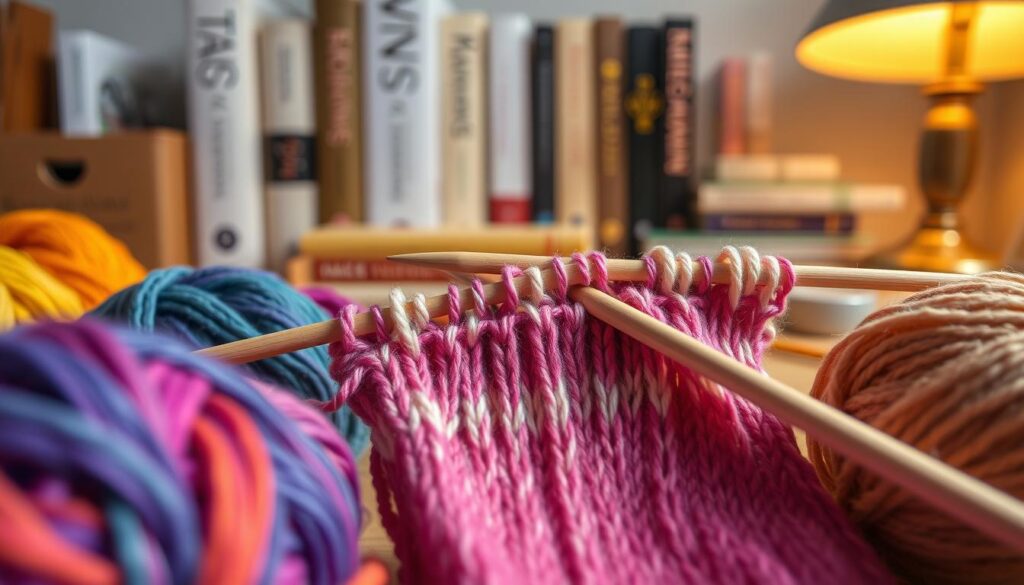 A close-up view of a structured knitting workspace focused on the "half cast-on rule" technique for sock knitting. In the foreground, display neatly arranged yarn skeins in vibrant colors alongside a pair of knitting needles creating a dynamic composition. In the middle, showcase a partially knitted swatch illustrating the cast-on edge, detailed with delicate stitches and variations in tension. The background features well-organized knitting books and a softly lit desk lamp, casting warm light to create a cozy atmosphere. Utilize a macro lens perspective to bring out the textures and colors, with a gently blurred background for depth. The overall mood should be inviting and inspiring, reflecting a dedicated setup for mastering the art of knitting. A close-up view of a structured knitting workspace focused on the "half cast-on rule" technique for sock knitting. In the foreground, display neatly arranged yarn skeins in vibrant colors alongside a pair of knitting needles creating a dynamic composition. In the middle, showcase a partially knitted swatch illustrating the cast-on edge, detailed with delicate stitches and variations in tension. The background features well-organized knitting books and a softly lit desk lamp, casting warm light to create a cozy atmosphere. Utilize a macro lens perspective to bring out the textures and colors, with a gently blurred background for depth. The overall mood should be inviting and inspiring, reflecting a dedicated setup for mastering the art of knitting.