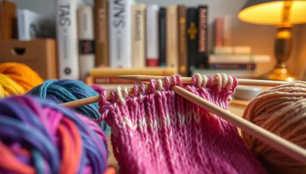 A close-up view of a structured knitting workspace focused on the "half cast-on rule" technique for sock knitting. In the foreground, display neatly arranged yarn skeins in vibrant colors alongside a pair of knitting needles creating a dynamic composition. In the middle, showcase a partially knitted swatch illustrating the cast-on edge, detailed with delicate stitches and variations in tension. The background features well-organized knitting books and a softly lit desk lamp, casting warm light to create a cozy atmosphere. Utilize a macro lens perspective to bring out the textures and colors, with a gently blurred background for depth. The overall mood should be inviting and inspiring, reflecting a dedicated setup for mastering the art of knitting. A close-up view of a structured knitting workspace focused on the "half cast-on rule" technique for sock knitting. In the foreground, display neatly arranged yarn skeins in vibrant colors alongside a pair of knitting needles creating a dynamic composition. In the middle, showcase a partially knitted swatch illustrating the cast-on edge, detailed with delicate stitches and variations in tension. The background features well-organized knitting books and a softly lit desk lamp, casting warm light to create a cozy atmosphere. Utilize a macro lens perspective to bring out the textures and colors, with a gently blurred background for depth. The overall mood should be inviting and inspiring, reflecting a dedicated setup for mastering the art of knitting.