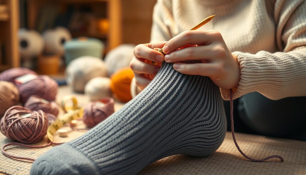 A close-up view of an experienced knitter's hands delicately working on the gusset shaping of a sock, showcasing detailed stitches and yarn texture. The foreground features a partially completed sock, with the heel flap prominently visible, blending seamlessly into the foot section. The knitter, wearing modest casual clothing, is focused on the alignment and tension of the yarn, emphasizing the precision required for gusset decreases. The midground includes various knitting tools like stitch markers, a measuring tape, and yarn balls, artfully arranged. In the background, a cozy, well-lit crafting space with soft, diffused lighting creates a warm, inviting atmosphere, emphasizing the creative process of sock knitting. The angle is slightly overhead, capturing the intricate details while maintaining a professional and informative feel. A close-up view of an experienced knitter's hands delicately working on the gusset shaping of a sock, showcasing detailed stitches and yarn texture. The foreground features a partially completed sock, with the heel flap prominently visible, blending seamlessly into the foot section. The knitter, wearing modest casual clothing, is focused on the alignment and tension of the yarn, emphasizing the precision required for gusset decreases. The midground includes various knitting tools like stitch markers, a measuring tape, and yarn balls, artfully arranged. In the background, a cozy, well-lit crafting space with soft, diffused lighting creates a warm, inviting atmosphere, emphasizing the creative process of sock knitting. The angle is slightly overhead, capturing the intricate details while maintaining a professional and informative feel.