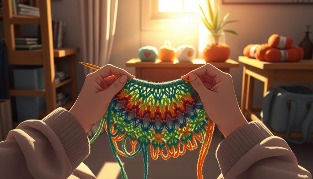 A cozy and inviting indoor scene showcasing a circular knitting project featuring intricate continental purling colorwork. In the foreground, a pair of hands, dressed in modest casual attire, expertly hold knitting needles, with vibrant yarn in shades of blue, green, and orange cascading through their fingers. The middle ground radiates a soft, warm light reflecting off the colorful yarn, emphasizing the stunning patterns created by stranded knitting techniques. In the background, a simple wooden table is adorned with additional skeins of yarn arranged in harmonious hues. The atmosphere is peaceful and focused, with soft afternoon sunlight streaming through a nearby window, casting gentle shadows that enhance the tranquility of the knitting space. A cozy and inviting indoor scene showcasing a circular knitting project featuring intricate continental purling colorwork. In the foreground, a pair of hands, dressed in modest casual attire, expertly hold knitting needles, with vibrant yarn in shades of blue, green, and orange cascading through their fingers. The middle ground radiates a soft, warm light reflecting off the colorful yarn, emphasizing the stunning patterns created by stranded knitting techniques. In the background, a simple wooden table is adorned with additional skeins of yarn arranged in harmonious hues. The atmosphere is peaceful and focused, with soft afternoon sunlight streaming through a nearby window, casting gentle shadows that enhance the tranquility of the knitting space.
