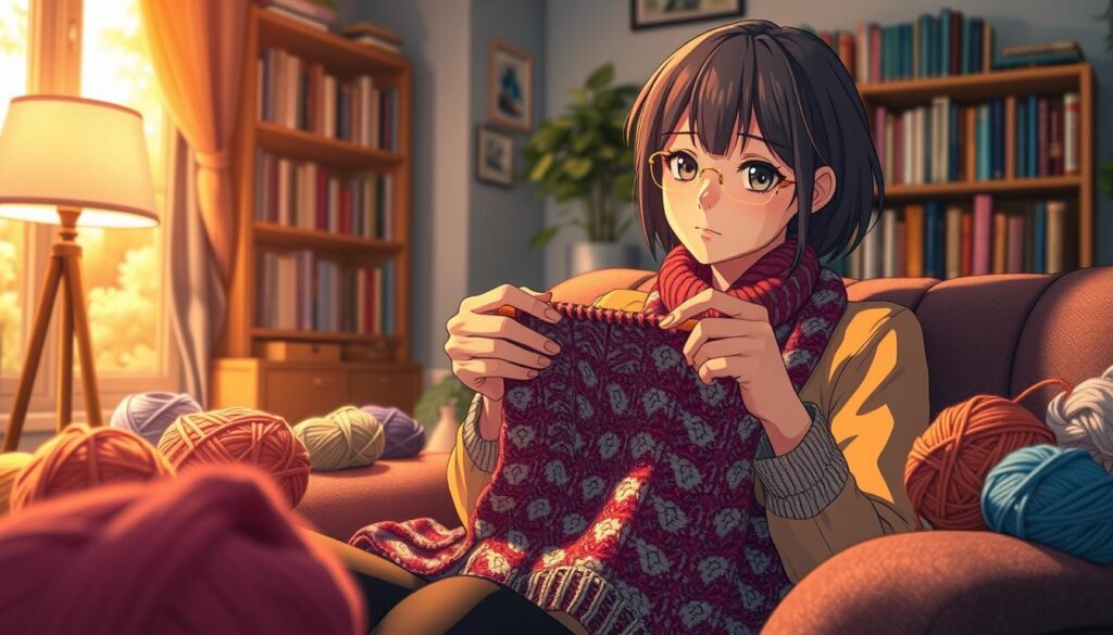 A cozy indoor knitting scene focused on a woman in casual yet stylish attire, sitting on a plush chair surrounded by colorful yarn skeins. In her hands, she holds a pair of knitting needles, concentrating on fixing a dropped stitch in a vibrant scarf. The foreground features close-up details of her hands skillfully maneuvering the yarn, while the middle layer captures her focused expression, illuminated by soft, warm lighting from a nearby lamp. In the background, a bookshelf filled with knitting books and a window showcasing a sunny garden adds depth to the scene. The mood is inviting and relaxed, embodying the essence of creative problem-solving in a serene environment. A cozy indoor knitting scene focused on a woman in casual yet stylish attire, sitting on a plush chair surrounded by colorful yarn skeins. In her hands, she holds a pair of knitting needles, concentrating on fixing a dropped stitch in a vibrant scarf. The foreground features close-up details of her hands skillfully maneuvering the yarn, while the middle layer captures her focused expression, illuminated by soft, warm lighting from a nearby lamp. In the background, a bookshelf filled with knitting books and a window showcasing a sunny garden adds depth to the scene. The mood is inviting and relaxed, embodying the essence of creative problem-solving in a serene environment.