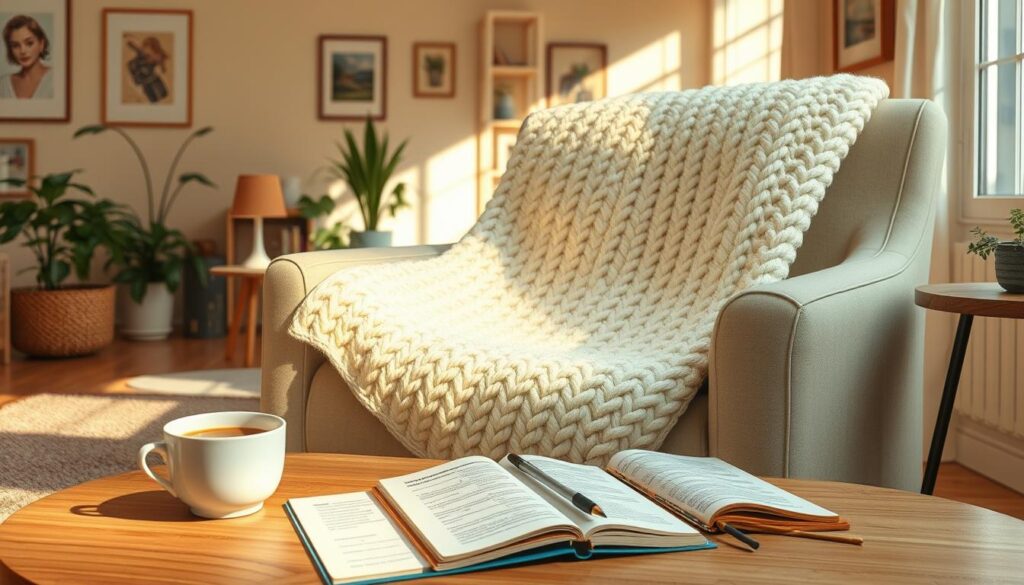 A cozy indoor scene featuring a beautifully blocking chunky knit blanket draped over a soft armchair. The blanket showcases intricate stitches in a rich cream color, emphasizing textured weaves that catch the light. In the foreground, a wooden coffee table holds a steaming cup of tea, a pair of knitting needles, and a notebook filled with pattern notes and abbreviations. The middle ground displays a warm-toned living room with potted plants and soft sunlight filtering through a window, casting gentle shadows. The background includes light, neutral-colored walls and artful decor that contrasts with the soft textures of the blanket. The mood is inviting and warm, perfect for a knitting enthusiast's retreat. A cozy indoor scene featuring a beautifully blocking chunky knit blanket draped over a soft armchair. The blanket showcases intricate stitches in a rich cream color, emphasizing textured weaves that catch the light. In the foreground, a wooden coffee table holds a steaming cup of tea, a pair of knitting needles, and a notebook filled with pattern notes and abbreviations. The middle ground displays a warm-toned living room with potted plants and soft sunlight filtering through a window, casting gentle shadows. The background includes light, neutral-colored walls and artful decor that contrasts with the soft textures of the blanket. The mood is inviting and warm, perfect for a knitting enthusiast's retreat.