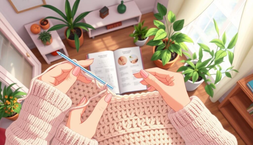 A cozy indoor setting featuring an overhead view of a half double crochet tutorial in progress. In the foreground, hands with neatly trimmed nails are skillfully working with soft, pastel-colored yarn. The crochet hook is mid-motion, creating the characteristic stitch, with a partially completed piece showcasing the textured pattern. In the middle, a well-organized setup includes a crochet pattern guide laid open, with illustrative diagrams and step-by-step instructions. The background features a softly lit room with plants and warm, inviting decor, creating a calming atmosphere. The lighting is bright yet soft, mimicking natural daylight from a nearby window, enhancing the vibrant colors of the yarn. The overall mood is encouraging and instructional, perfect for a crafting tutorial. A cozy indoor setting featuring an overhead view of a half double crochet tutorial in progress. In the foreground, hands with neatly trimmed nails are skillfully working with soft, pastel-colored yarn. The crochet hook is mid-motion, creating the characteristic stitch, with a partially completed piece showcasing the textured pattern. In the middle, a well-organized setup includes a crochet pattern guide laid open, with illustrative diagrams and step-by-step instructions. The background features a softly lit room with plants and warm, inviting decor, creating a calming atmosphere. The lighting is bright yet soft, mimicking natural daylight from a nearby window, enhancing the vibrant colors of the yarn. The overall mood is encouraging and instructional, perfect for a crafting tutorial.