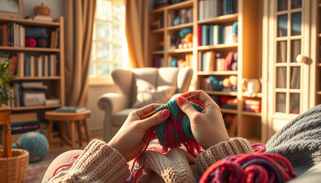 A cozy, inviting knitting scene focused on ergonomics for a Continental style knitter. In the foreground, a pair of hands deftly working with vibrant yarn in a comfortable posture, surrounded by various knitting tools like needles and stitch markers. The middle ground features a soft, plush chair set amidst a well-lit room with warm, natural light streaming in through a window. The background shows a tasteful bookshelf filled with knitting books and colorful yarns neatly organized. Capture the mood of relaxation and concentration, emphasizing a serene atmosphere conducive to crafting. Use a shallow depth of field to focus on the hands and yarn, blurring the background for a warm, inviting aesthetic. A cozy, inviting knitting scene focused on ergonomics for a Continental style knitter. In the foreground, a pair of hands deftly working with vibrant yarn in a comfortable posture, surrounded by various knitting tools like needles and stitch markers. The middle ground features a soft, plush chair set amidst a well-lit room with warm, natural light streaming in through a window. The background shows a tasteful bookshelf filled with knitting books and colorful yarns neatly organized. Capture the mood of relaxation and concentration, emphasizing a serene atmosphere conducive to crafting. Use a shallow depth of field to focus on the hands and yarn, blurring the background for a warm, inviting aesthetic.