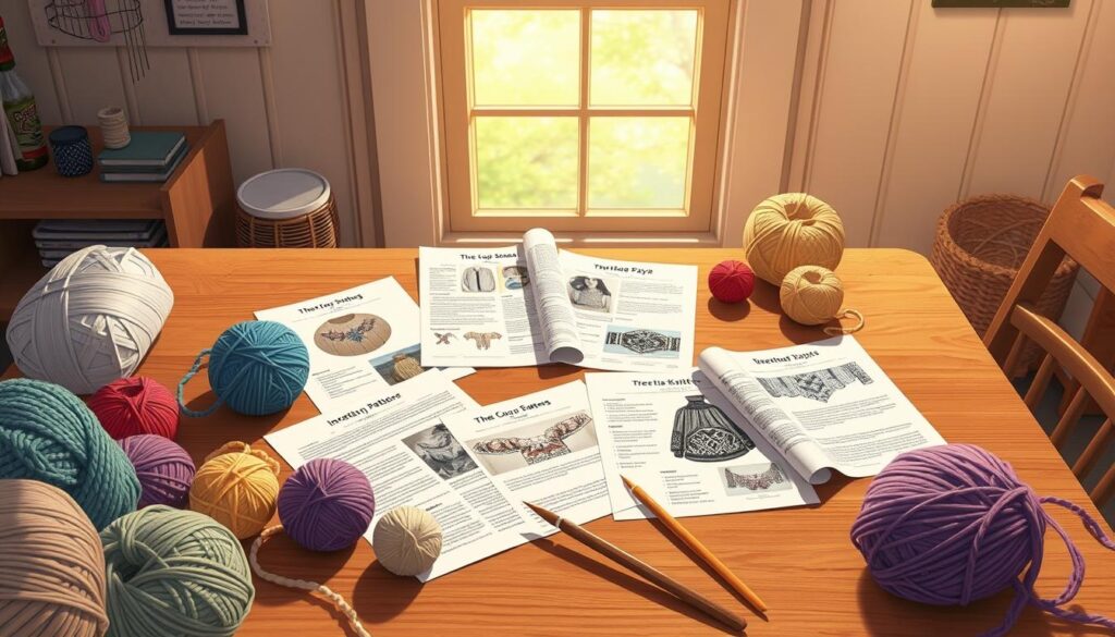 A cozy, inviting scene depicting an array of free top-down sweater patterns laid out on a wooden table. In the foreground, colorful yarn balls in varying textures and shades are scattered alongside knitting needles. The middle ground features several printed patterns, elegantly displayed and partially unrolled, showcasing intricate designs suited for beginners. In the background, a softly lit window lets in warm, natural light, creating a serene, homey atmosphere. The scene should evoke a sense of creativity and comfort, inviting viewers to explore the joys of knitting. The composition should have a slightly overhead angle, allowing all elements to be clearly visible, capturing the essence of a friendly crafting space. A cozy, inviting scene depicting an array of free top-down sweater patterns laid out on a wooden table. In the foreground, colorful yarn balls in varying textures and shades are scattered alongside knitting needles. The middle ground features several printed patterns, elegantly displayed and partially unrolled, showcasing intricate designs suited for beginners. In the background, a softly lit window lets in warm, natural light, creating a serene, homey atmosphere. The scene should evoke a sense of creativity and comfort, inviting viewers to explore the joys of knitting. The composition should have a slightly overhead angle, allowing all elements to be clearly visible, capturing the essence of a friendly crafting space.