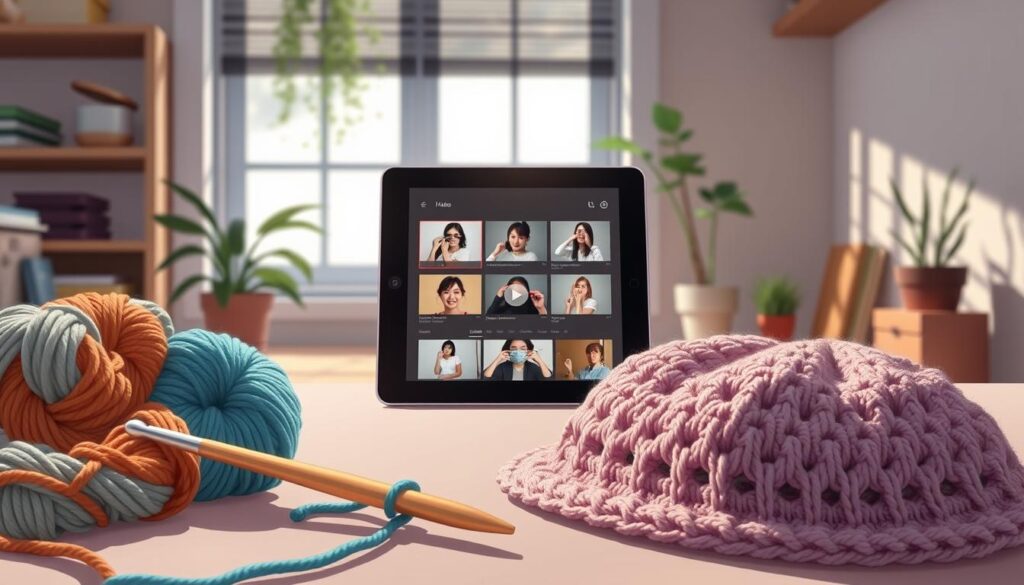 A cozy, inviting scene of a crochet hat video tutorial setup. In the foreground, a neatly arranged crochet hook, skeins of colorful yarn, and a partially completed crochet bucket hat showcase the crafting process. In the middle, a sleek tablet displays a step-by-step video tutorial, with clear visuals of crochet techniques. The background features a softly lit workspace with natural light streaming through a window, casting gentle shadows. A few potted plants add a touch of greenery, enhancing the tranquil atmosphere. The mood should feel warm and creative, evoking a sense of comfort and inspiration for viewers looking to learn crochet skills. The overall image is clear, detailed, and focused, perfect for illustrating the tutorial content. A cozy, inviting scene of a crochet hat video tutorial setup. In the foreground, a neatly arranged crochet hook, skeins of colorful yarn, and a partially completed crochet bucket hat showcase the crafting process. In the middle, a sleek tablet displays a step-by-step video tutorial, with clear visuals of crochet techniques. The background features a softly lit workspace with natural light streaming through a window, casting gentle shadows. A few potted plants add a touch of greenery, enhancing the tranquil atmosphere. The mood should feel warm and creative, evoking a sense of comfort and inspiration for viewers looking to learn crochet skills. The overall image is clear, detailed, and focused, perfect for illustrating the tutorial content.