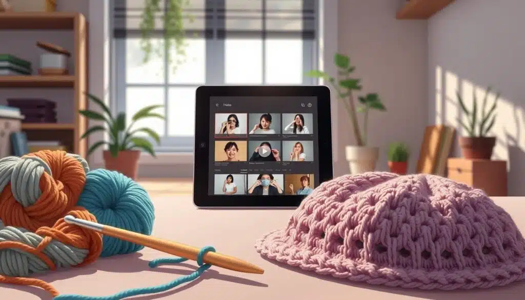 A cozy, inviting scene of a crochet hat video tutorial setup. In the foreground, a neatly arranged crochet hook, skeins of colorful yarn, and a partially completed crochet bucket hat showcase the crafting process. In the middle, a sleek tablet displays a step-by-step video tutorial, with clear visuals of crochet techniques. The background features a softly lit workspace with natural light streaming through a window, casting gentle shadows. A few potted plants add a touch of greenery, enhancing the tranquil atmosphere. The mood should feel warm and creative, evoking a sense of comfort and inspiration for viewers looking to learn crochet skills. The overall image is clear, detailed, and focused, perfect for illustrating the tutorial content. A cozy, inviting scene of a crochet hat video tutorial setup. In the foreground, a neatly arranged crochet hook, skeins of colorful yarn, and a partially completed crochet bucket hat showcase the crafting process. In the middle, a sleek tablet displays a step-by-step video tutorial, with clear visuals of crochet techniques. The background features a softly lit workspace with natural light streaming through a window, casting gentle shadows. A few potted plants add a touch of greenery, enhancing the tranquil atmosphere. The mood should feel warm and creative, evoking a sense of comfort and inspiration for viewers looking to learn crochet skills. The overall image is clear, detailed, and focused, perfect for illustrating the tutorial content.