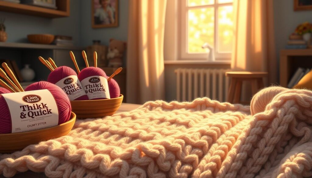 A cozy, inviting scene showcasing Lion Brand Thick & Quick yarn in a rich, vibrant color palette, prominently displayed in the foreground. The skeins are meticulously arranged in a wooden bowl, with assorted knitting needles laid beside them. In the middle ground, a partially knitted chunky blanket is spread out, demonstrating the texture and bulkiness of the yarn, with a soft, inviting ambiance. In the background, warm, diffused natural light filters through a window, casting gentle shadows and enhancing the peaceful atmosphere of a crafting space. The entire setting evokes a sense of warmth and creativity, perfect for those looking to start a stylish, chunky knit blanket project. A cozy, inviting scene showcasing Lion Brand Thick & Quick yarn in a rich, vibrant color palette, prominently displayed in the foreground. The skeins are meticulously arranged in a wooden bowl, with assorted knitting needles laid beside them. In the middle ground, a partially knitted chunky blanket is spread out, demonstrating the texture and bulkiness of the yarn, with a soft, inviting ambiance. In the background, warm, diffused natural light filters through a window, casting gentle shadows and enhancing the peaceful atmosphere of a crafting space. The entire setting evokes a sense of warmth and creativity, perfect for those looking to start a stylish, chunky knit blanket project.