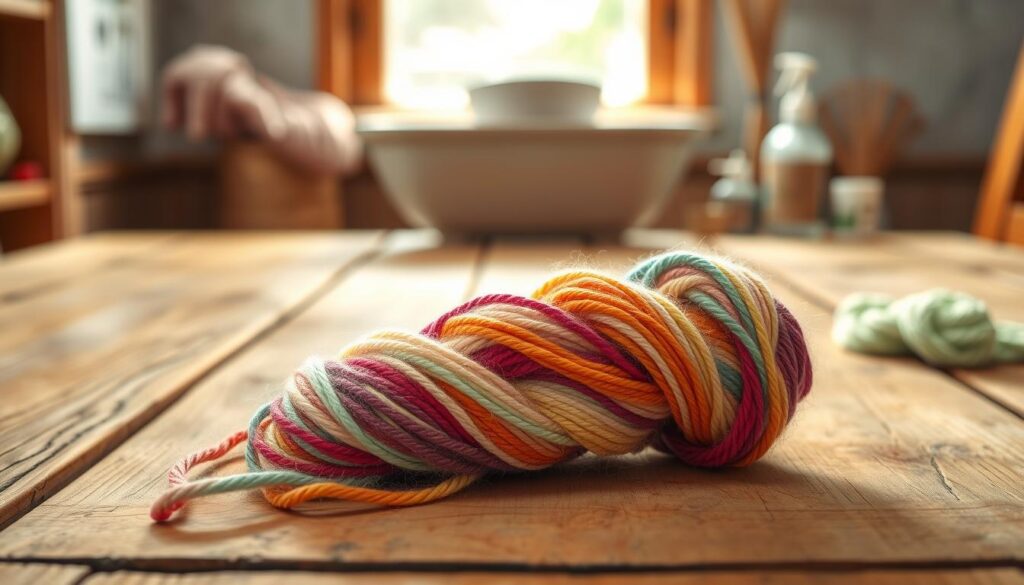 A delicate, freshly hand-dyed skein of yarn sits in the foreground, showcasing rich, vibrant colors blending together in a soft, artistic swirl. The yarn is neatly wound, with strands effortlessly unraveling slightly, hinting at its softness. In the middle ground, a clean, rustic wooden table provides the perfect backdrop, slightly weathered to enhance the homely feel. A natural light source flows in from a nearby window, casting a gentle, warm glow over the scene, bringing out the subtle texture of the yarn fibers. In the background, blurred images of essential tools for yarn care, like a soft wash basin and gentle cleaning products, create an inviting and serene atmosphere, emphasizing the theme of proper yarn care. The composition exudes a calm and nurturing mood, inviting the viewer to explore the care of their yarn. A delicate, freshly hand-dyed skein of yarn sits in the foreground, showcasing rich, vibrant colors blending together in a soft, artistic swirl. The yarn is neatly wound, with strands effortlessly unraveling slightly, hinting at its softness. In the middle ground, a clean, rustic wooden table provides the perfect backdrop, slightly weathered to enhance the homely feel. A natural light source flows in from a nearby window, casting a gentle, warm glow over the scene, bringing out the subtle texture of the yarn fibers. In the background, blurred images of essential tools for yarn care, like a soft wash basin and gentle cleaning products, create an inviting and serene atmosphere, emphasizing the theme of proper yarn care. The composition exudes a calm and nurturing mood, inviting the viewer to explore the care of their yarn.