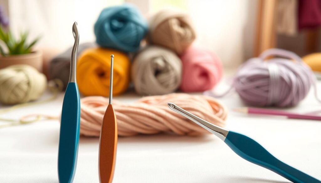 A detailed comparison of tapered and inline crochet hooks set against a soft white background. In the foreground, place two crochet hooks side by side: one tapered and one inline, clearly showcasing their distinct shapes. The tapered hook has a gracefully curved tip, while the inline hook features a straight, bold design. In the middle ground, display several skeins of colorful yarn in various textures, hinting at crochet projects. The background features a subtle blur of a cozy, well-lit crafting workspace, with a hint of a crochet project in progress. Use warm, natural lighting to create an inviting atmosphere, and capture the scene from a slight angle to emphasize the hooks' features. Ensure the image feels welcoming and inspiring for beginners. A detailed comparison of tapered and inline crochet hooks set against a soft white background. In the foreground, place two crochet hooks side by side: one tapered and one inline, clearly showcasing their distinct shapes. The tapered hook has a gracefully curved tip, while the inline hook features a straight, bold design. In the middle ground, display several skeins of colorful yarn in various textures, hinting at crochet projects. The background features a subtle blur of a cozy, well-lit crafting workspace, with a hint of a crochet project in progress. Use warm, natural lighting to create an inviting atmosphere, and capture the scene from a slight angle to emphasize the hooks' features. Ensure the image feels welcoming and inspiring for beginners.