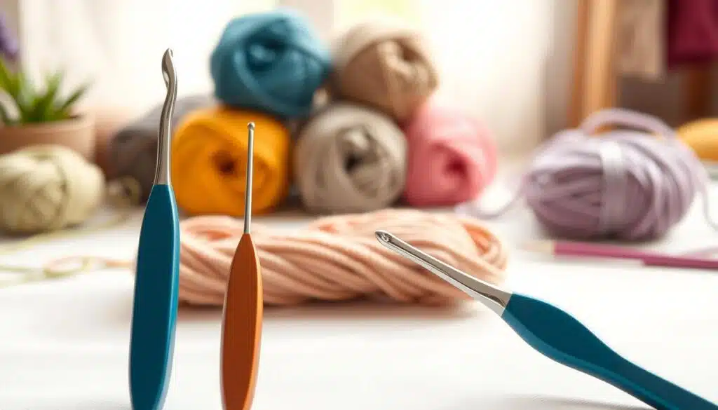 A detailed comparison of tapered and inline crochet hooks set against a soft white background. In the foreground, place two crochet hooks side by side: one tapered and one inline, clearly showcasing their distinct shapes. The tapered hook has a gracefully curved tip, while the inline hook features a straight, bold design. In the middle ground, display several skeins of colorful yarn in various textures, hinting at crochet projects. The background features a subtle blur of a cozy, well-lit crafting workspace, with a hint of a crochet project in progress. Use warm, natural lighting to create an inviting atmosphere, and capture the scene from a slight angle to emphasize the hooks' features. Ensure the image feels welcoming and inspiring for beginners. A detailed comparison of tapered and inline crochet hooks set against a soft white background. In the foreground, place two crochet hooks side by side: one tapered and one inline, clearly showcasing their distinct shapes. The tapered hook has a gracefully curved tip, while the inline hook features a straight, bold design. In the middle ground, display several skeins of colorful yarn in various textures, hinting at crochet projects. The background features a subtle blur of a cozy, well-lit crafting workspace, with a hint of a crochet project in progress. Use warm, natural lighting to create an inviting atmosphere, and capture the scene from a slight angle to emphasize the hooks' features. Ensure the image feels welcoming and inspiring for beginners.