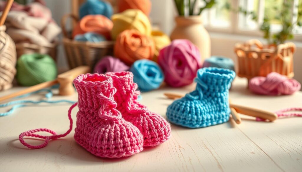 A detailed crochet pattern overview featuring an array of colorful crochet baby booties arranged artistically on a soft pastel wooden surface. In the foreground, highlight a pair of finished baby booties in vibrant pink and blue, with intricate stitch patterns clearly visible. The middle ground displays various yarn skeins in complementary colors and a wooden crochet hook, suggesting a crafting vibe. In the background, softly blurred elements of a cozy crafting space with natural light filtering through a window, casting gentle shadows. The image should evoke a warm, inviting atmosphere, emphasizing creativity and comfort, perfect for inspiring readers embarking on their crochet journey. No text or watermarks should be included. A detailed crochet pattern overview featuring an array of colorful crochet baby booties arranged artistically on a soft pastel wooden surface. In the foreground, highlight a pair of finished baby booties in vibrant pink and blue, with intricate stitch patterns clearly visible. The middle ground displays various yarn skeins in complementary colors and a wooden crochet hook, suggesting a crafting vibe. In the background, softly blurred elements of a cozy crafting space with natural light filtering through a window, casting gentle shadows. The image should evoke a warm, inviting atmosphere, emphasizing creativity and comfort, perfect for inspiring readers embarking on their crochet journey. No text or watermarks should be included.