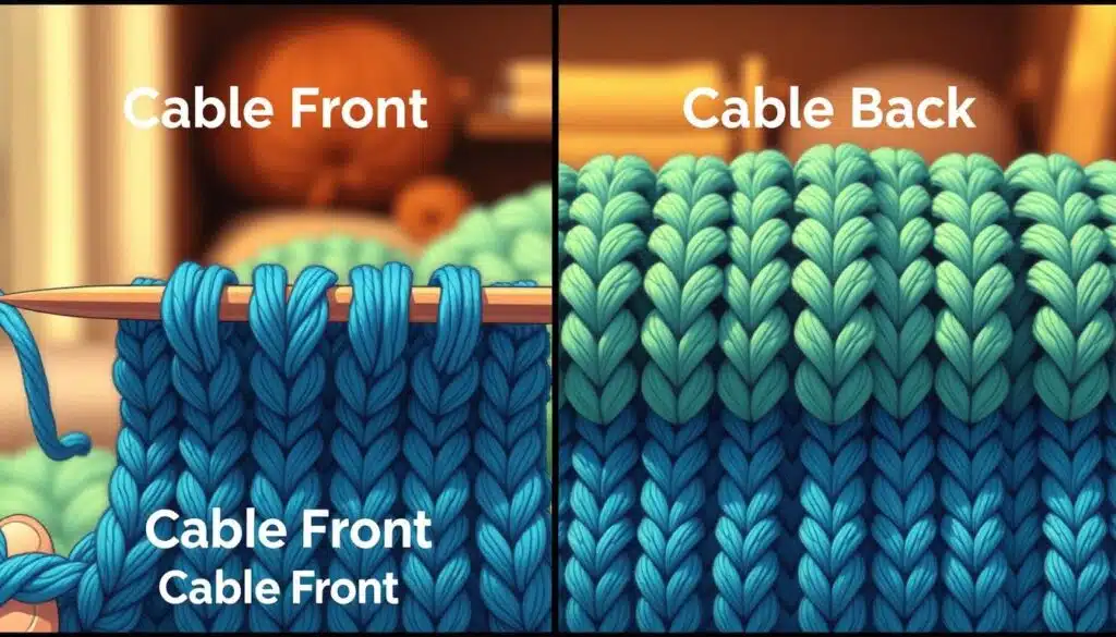 A detailed split image showcasing a knitting cable technique focused on the "Cable Front" and "Cable Back" methods. In the foreground, illustrated knitting needles are positioned, with vibrant, textured yarn in hues of blue and green. On the left side, demonstrate the Cable Front technique with neatly arranged stitches visibly raised in a 3D pattern, showing the intricate twist of the cables. On the right side, display the Cable Back technique, where the stitches appear flatter yet distinct, organized to highlight their formation. The background features a softly blurred cozy knitting environment, with warm lighting casting gentle shadows, evoking a sense of calm and focus. This composition should convey the art of knitting while maintaining clarity in the differences between the two techniques. A detailed split image showcasing a knitting cable technique focused on the "Cable Front" and "Cable Back" methods. In the foreground, illustrated knitting needles are positioned, with vibrant, textured yarn in hues of blue and green. On the left side, demonstrate the Cable Front technique with neatly arranged stitches visibly raised in a 3D pattern, showing the intricate twist of the cables. On the right side, display the Cable Back technique, where the stitches appear flatter yet distinct, organized to highlight their formation. The background features a softly blurred cozy knitting environment, with warm lighting casting gentle shadows, evoking a sense of calm and focus. This composition should convey the art of knitting while maintaining clarity in the differences between the two techniques.