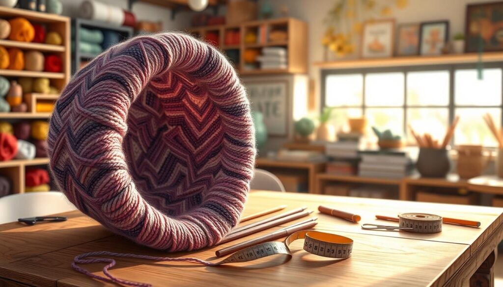 A large tube swatch is beautifully displayed in the foreground, showcasing rich textures and intricate patterns of fiber. The swatch is in the shape of a circular gauge, highlighting the knitting techniques used to create it. Soft, natural lighting illuminates the scene, casting gentle shadows that accentuate the yarn's depth and color variations. In the middle ground, a stylish wooden table holds tools for swatching, such as knitting needles and measuring tape, arranged neatly alongside the swatch. The background features a softly blurred cozy workshop environment, with shelves stacked with colorful yarns and knitting books, creating an inviting and creative atmosphere. The overall mood is warm and inspiring, encouraging creativity in knitting techniques, perfectly tailored for the section on swatching in the round. A large tube swatch is beautifully displayed in the foreground, showcasing rich textures and intricate patterns of fiber. The swatch is in the shape of a circular gauge, highlighting the knitting techniques used to create it. Soft, natural lighting illuminates the scene, casting gentle shadows that accentuate the yarn's depth and color variations. In the middle ground, a stylish wooden table holds tools for swatching, such as knitting needles and measuring tape, arranged neatly alongside the swatch. The background features a softly blurred cozy workshop environment, with shelves stacked with colorful yarns and knitting books, creating an inviting and creative atmosphere. The overall mood is warm and inspiring, encouraging creativity in knitting techniques, perfectly tailored for the section on swatching in the round.