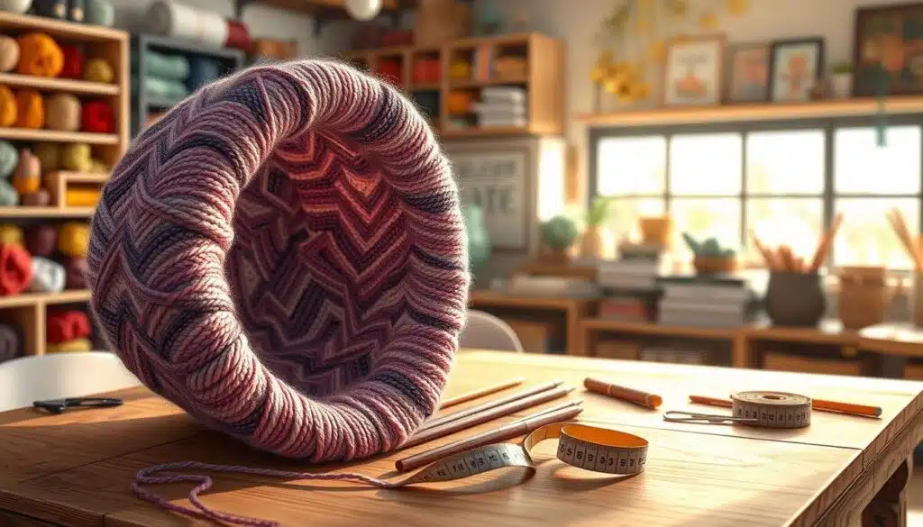A large tube swatch is beautifully displayed in the foreground, showcasing rich textures and intricate patterns of fiber. The swatch is in the shape of a circular gauge, highlighting the knitting techniques used to create it. Soft, natural lighting illuminates the scene, casting gentle shadows that accentuate the yarn's depth and color variations. In the middle ground, a stylish wooden table holds tools for swatching, such as knitting needles and measuring tape, arranged neatly alongside the swatch. The background features a softly blurred cozy workshop environment, with shelves stacked with colorful yarns and knitting books, creating an inviting and creative atmosphere. The overall mood is warm and inspiring, encouraging creativity in knitting techniques, perfectly tailored for the section on swatching in the round. A large tube swatch is beautifully displayed in the foreground, showcasing rich textures and intricate patterns of fiber. The swatch is in the shape of a circular gauge, highlighting the knitting techniques used to create it. Soft, natural lighting illuminates the scene, casting gentle shadows that accentuate the yarn's depth and color variations. In the middle ground, a stylish wooden table holds tools for swatching, such as knitting needles and measuring tape, arranged neatly alongside the swatch. The background features a softly blurred cozy workshop environment, with shelves stacked with colorful yarns and knitting books, creating an inviting and creative atmosphere. The overall mood is warm and inspiring, encouraging creativity in knitting techniques, perfectly tailored for the section on swatching in the round.