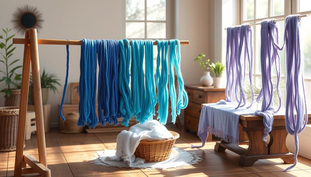 A serene indoor setting showcasing a beautifully arranged scene of hand-dyed wool yarn. In the foreground, a wooden drying rack holds colorful skeins of yarn, gracefully draping in vibrant hues of blue, teal, and lavender. Soft, natural light streams in from a nearby window, casting gentle shadows that enhance the texture of the yarn. In the middle ground, a small basket filled with freshly washed wool sits beside a delicate cloth spread on a rustic wooden table, reminding viewers of the care process. In the background, a cozy atmosphere is created with subtle hints of green plants and neutral-toned walls, evoking a sense of calm and craftsmanship. The scene feels inviting and warm, reflecting the nurturing aspect of yarn care with an emphasis on softness and color preservation. A serene indoor setting showcasing a beautifully arranged scene of hand-dyed wool yarn. In the foreground, a wooden drying rack holds colorful skeins of yarn, gracefully draping in vibrant hues of blue, teal, and lavender. Soft, natural light streams in from a nearby window, casting gentle shadows that enhance the texture of the yarn. In the middle ground, a small basket filled with freshly washed wool sits beside a delicate cloth spread on a rustic wooden table, reminding viewers of the care process. In the background, a cozy atmosphere is created with subtle hints of green plants and neutral-toned walls, evoking a sense of calm and craftsmanship. The scene feels inviting and warm, reflecting the nurturing aspect of yarn care with an emphasis on softness and color preservation.