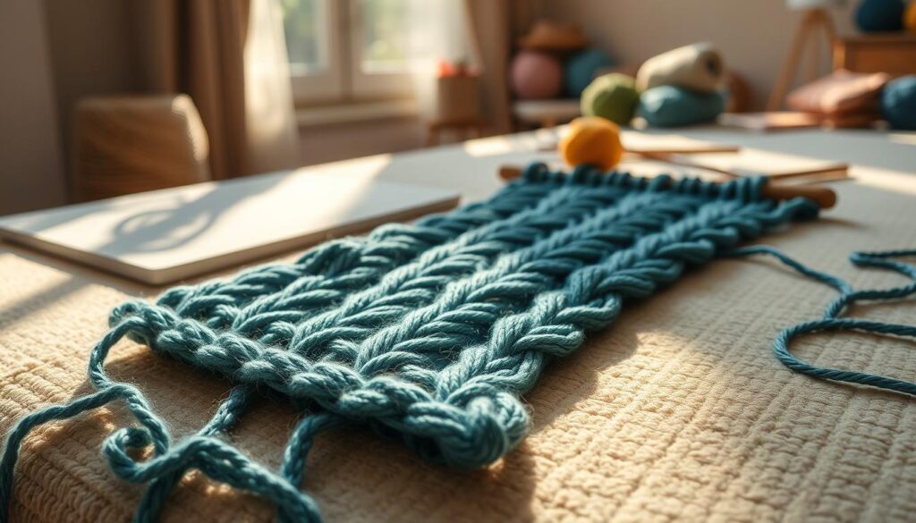 A serene scene showcasing a beautifully knit cable swatch laid flat on a soft, textured surface, surrounded by blocking cables and foam mats. In the foreground, the cables are neatly arranged, glinting softly under natural light streaming from a nearby window. In the middle ground, the swatch displays intricate, twisting patterns with various colors of yarn – deep blues and rich greens – adding depth and vibrancy. In the background, a cozy and inviting workspace is visible, with skeins of yarn artfully placed and a few knitting needles casually resting. The atmosphere is warm and inviting, encouraging creativity and relaxation. Soft bokeh effects enhance the composition, drawing focus to the swatch and the tools of the craft. A serene scene showcasing a beautifully knit cable swatch laid flat on a soft, textured surface, surrounded by blocking cables and foam mats. In the foreground, the cables are neatly arranged, glinting softly under natural light streaming from a nearby window. In the middle ground, the swatch displays intricate, twisting patterns with various colors of yarn – deep blues and rich greens – adding depth and vibrancy. In the background, a cozy and inviting workspace is visible, with skeins of yarn artfully placed and a few knitting needles casually resting. The atmosphere is warm and inviting, encouraging creativity and relaxation. Soft bokeh effects enhance the composition, drawing focus to the swatch and the tools of the craft.