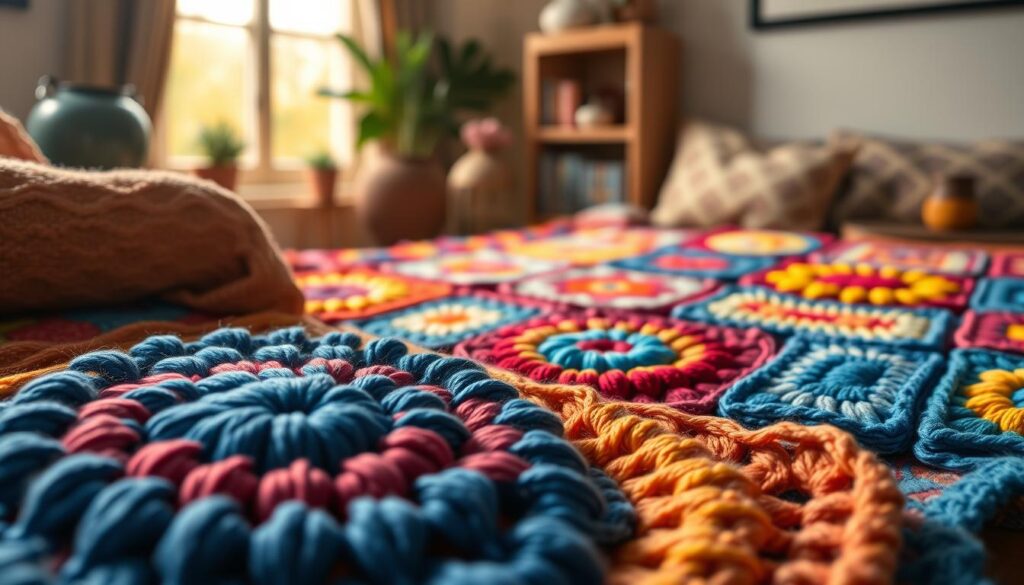 A vibrant 3D granny square crochet pattern showcasing intricate designs, with a rich palette of colors like deep blues, vibrant reds, and sunny yellows. In the foreground, focus on a large, beautifully crafted granny square, with textured yarn and detailed stitching evident. The middle ground features a set of smaller, elegantly arranged granny squares in various patterns, reflecting modern crochet advancements. The background is softly blurred, hinting at a cozy crafting space with warm, ambient lighting from a nearby window, casting gentle shadows that add depth. The overall mood is inviting and inspiring, perfect for showcasing advanced crochet techniques. Capture the scene with a close-up angle, emphasizing the craftsmanship and vibrancy of the colors. A vibrant 3D granny square crochet pattern showcasing intricate designs, with a rich palette of colors like deep blues, vibrant reds, and sunny yellows. In the foreground, focus on a large, beautifully crafted granny square, with textured yarn and detailed stitching evident. The middle ground features a set of smaller, elegantly arranged granny squares in various patterns, reflecting modern crochet advancements. The background is softly blurred, hinting at a cozy crafting space with warm, ambient lighting from a nearby window, casting gentle shadows that add depth. The overall mood is inviting and inspiring, perfect for showcasing advanced crochet techniques. Capture the scene with a close-up angle, emphasizing the craftsmanship and vibrancy of the colors.