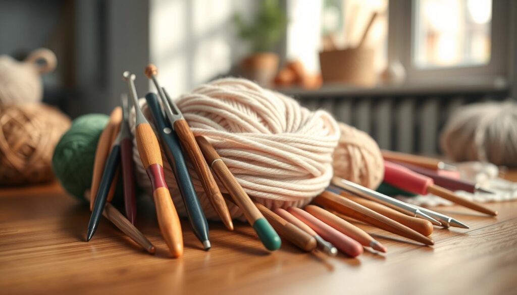 A vibrant and inviting display of various crochet hooks of different sizes arranged harmoniously on a wooden surface. In the foreground, focus on a selection of hooks, showcasing their unique shapes and sizes, with the largest in the center gradually decreasing in size towards the edges. The middle layer features a beautifully textured yarn in a soft pastel color, coiling gently around the hooks, adding warmth and homeliness. The background is softly blurred, hinting at a cozy crafting space with natural light filtering in through a nearby window, creating a calm and inspiring atmosphere. Use a shallow depth of field to emphasize the hooks and yarn, highlighting the intricate details of their craftsmanship, while evoking a sense of creativity and comfort. A vibrant and inviting display of various crochet hooks of different sizes arranged harmoniously on a wooden surface. In the foreground, focus on a selection of hooks, showcasing their unique shapes and sizes, with the largest in the center gradually decreasing in size towards the edges. The middle layer features a beautifully textured yarn in a soft pastel color, coiling gently around the hooks, adding warmth and homeliness. The background is softly blurred, hinting at a cozy crafting space with natural light filtering in through a nearby window, creating a calm and inspiring atmosphere. Use a shallow depth of field to emphasize the hooks and yarn, highlighting the intricate details of their craftsmanship, while evoking a sense of creativity and comfort.