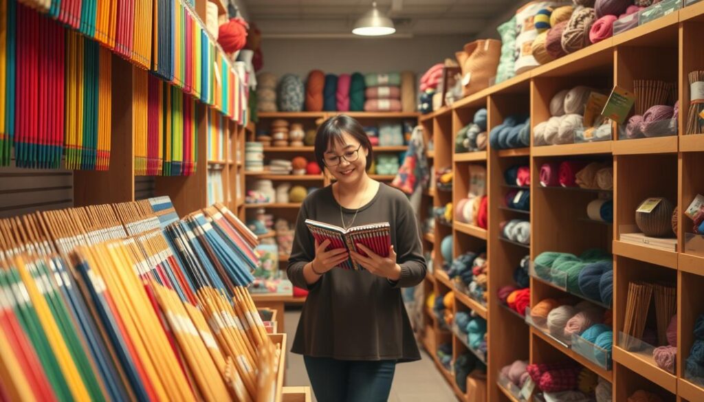 A well-organized and inviting crafting store aisle featuring a variety of colorful knitting needles displayed on wooden shelves. In the foreground, a neatly arranged selection of knitting needles in different sizes and materials, such as bamboo and metal, catches the light, showcasing their texture and sheen. In the middle, a friendly customer, dressed in casual, modest attire, thoughtfully examines a set of knitting needles, considering quality and size. The background reveals other knitting supplies, including colorful yarns and patterns, creating a cozy and creative atmosphere. Soft, warm lighting enhances the inviting mood, while a shallow depth of field focuses on the customer and knitting needles, capturing the essence of a joyful shopping experience for knitting enthusiasts. A well-organized and inviting crafting store aisle featuring a variety of colorful knitting needles displayed on wooden shelves. In the foreground, a neatly arranged selection of knitting needles in different sizes and materials, such as bamboo and metal, catches the light, showcasing their texture and sheen. In the middle, a friendly customer, dressed in casual, modest attire, thoughtfully examines a set of knitting needles, considering quality and size. The background reveals other knitting supplies, including colorful yarns and patterns, creating a cozy and creative atmosphere. Soft, warm lighting enhances the inviting mood, while a shallow depth of field focuses on the customer and knitting needles, capturing the essence of a joyful shopping experience for knitting enthusiasts.