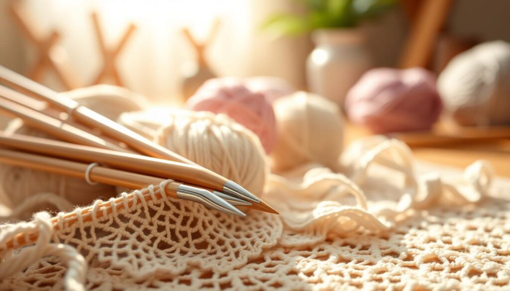 An elegant arrangement of knitting needles designed for lacework, showcasing a variety of materials such as bamboo, metal, and plastic. In the foreground, focus on a few needles with intricate lace patterns draped beside them, highlighting their fine tips. The middle ground features a soft, textured yarn in pastel colors, suggesting a cozy knitting environment. The background includes a softly blurred, warm-toned workspace with natural light streaming in, casting gentle shadows to enhance the tranquil atmosphere. Capture the image using a shallow depth of field, emphasizing the needles, while the soft light creates a serene, inviting mood ideal for crafting. An elegant arrangement of knitting needles designed for lacework, showcasing a variety of materials such as bamboo, metal, and plastic. In the foreground, focus on a few needles with intricate lace patterns draped beside them, highlighting their fine tips. The middle ground features a soft, textured yarn in pastel colors, suggesting a cozy knitting environment. The background includes a softly blurred, warm-toned workspace with natural light streaming in, casting gentle shadows to enhance the tranquil atmosphere. Capture the image using a shallow depth of field, emphasizing the needles, while the soft light creates a serene, inviting mood ideal for crafting.
