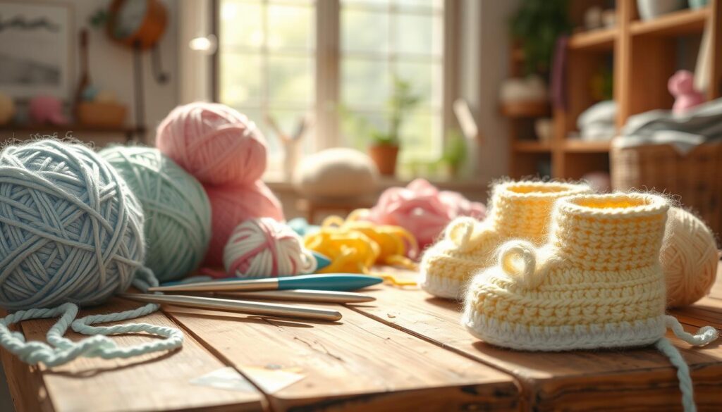 Soft, colorful yarn balls in pastel shades of baby blue, pink, and yellow arranged attractively on a rustic wooden table, with crochet hooks gently scattered around. In the background, a cozy, well-lit crafting space with natural light pouring through an open window, enhancing the inviting atmosphere. Various textures of yarn should be visible, showcasing both fluffy and smooth fibers, emphasizing the materials used for baby booties. The scene is composed from a slightly elevated angle to capture the intricacies of the yarn and tools, evoking a warm, relaxing mood that inspires creativity and comfort. No text or additional elements should be present, just a serene environment focused on the essentials for crochet baby booties. Soft, colorful yarn balls in pastel shades of baby blue, pink, and yellow arranged attractively on a rustic wooden table, with crochet hooks gently scattered around. In the background, a cozy, well-lit crafting space with natural light pouring through an open window, enhancing the inviting atmosphere. Various textures of yarn should be visible, showcasing both fluffy and smooth fibers, emphasizing the materials used for baby booties. The scene is composed from a slightly elevated angle to capture the intricacies of the yarn and tools, evoking a warm, relaxing mood that inspires creativity and comfort. No text or additional elements should be present, just a serene environment focused on the essentials for crochet baby booties.