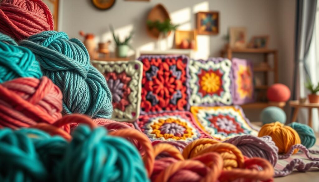 Vibrant and intricate modern granny square patterns displayed in a beautifully arranged composition. In the foreground, a variety of multi-colored yarns in rich textures, showcasing shades of teal, coral, mustard, and lavender. The middle layer features several finished granny squares, skillfully crocheted, with geometric shapes and contemporary designs, each square reflecting a unique pattern and vivid colors. In the background, a soft, cozy workspace, with natural light streaming in from a window, casting gentle shadows that accentuate the details of the crochet work. The atmosphere is warm and inviting, evoking creativity and inspiration for crochet enthusiasts. A depth of field effect subtly blurs the background to keep the focus on the granny squares and yarns, creating an artful and engaging image. Vibrant and intricate modern granny square patterns displayed in a beautifully arranged composition. In the foreground, a variety of multi-colored yarns in rich textures, showcasing shades of teal, coral, mustard, and lavender. The middle layer features several finished granny squares, skillfully crocheted, with geometric shapes and contemporary designs, each square reflecting a unique pattern and vivid colors. In the background, a soft, cozy workspace, with natural light streaming in from a window, casting gentle shadows that accentuate the details of the crochet work. The atmosphere is warm and inviting, evoking creativity and inspiration for crochet enthusiasts. A depth of field effect subtly blurs the background to keep the focus on the granny squares and yarns, creating an artful and engaging image.